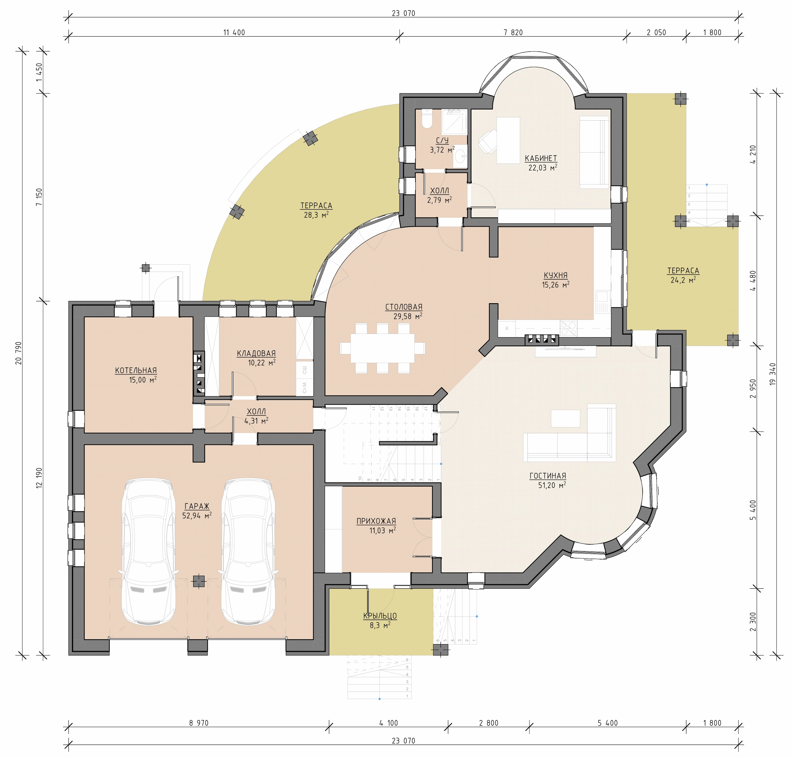 Планировка первого этажа двухэтажного дома 435 м² с гостиной, кухней, кабинетом, гаражом на две машины и террасами