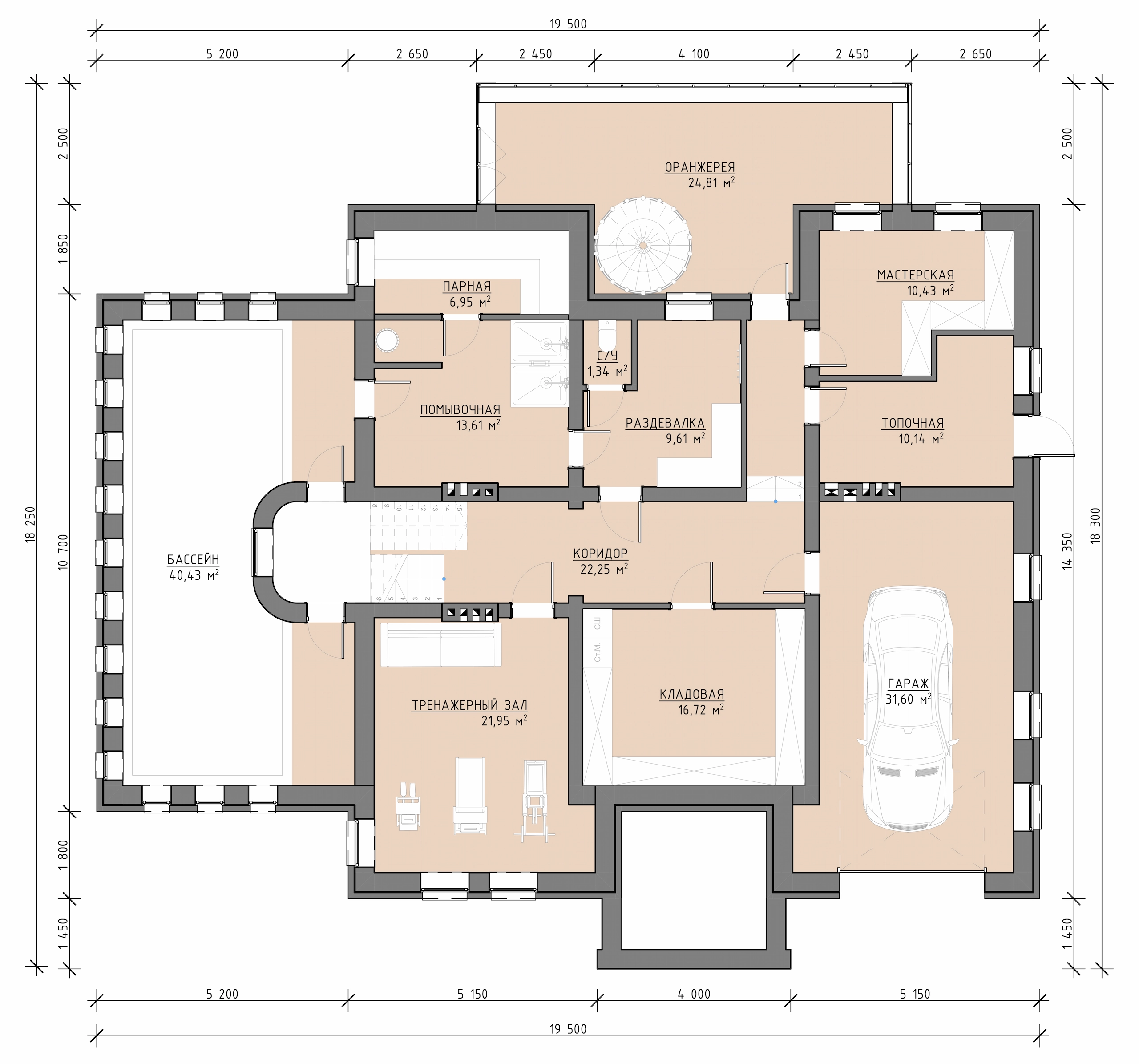 Планировка первого этажа трехэтажного дома 564 м² с бассейном, парной, помывочной, тренажерным залом, оранжереей и гаражом