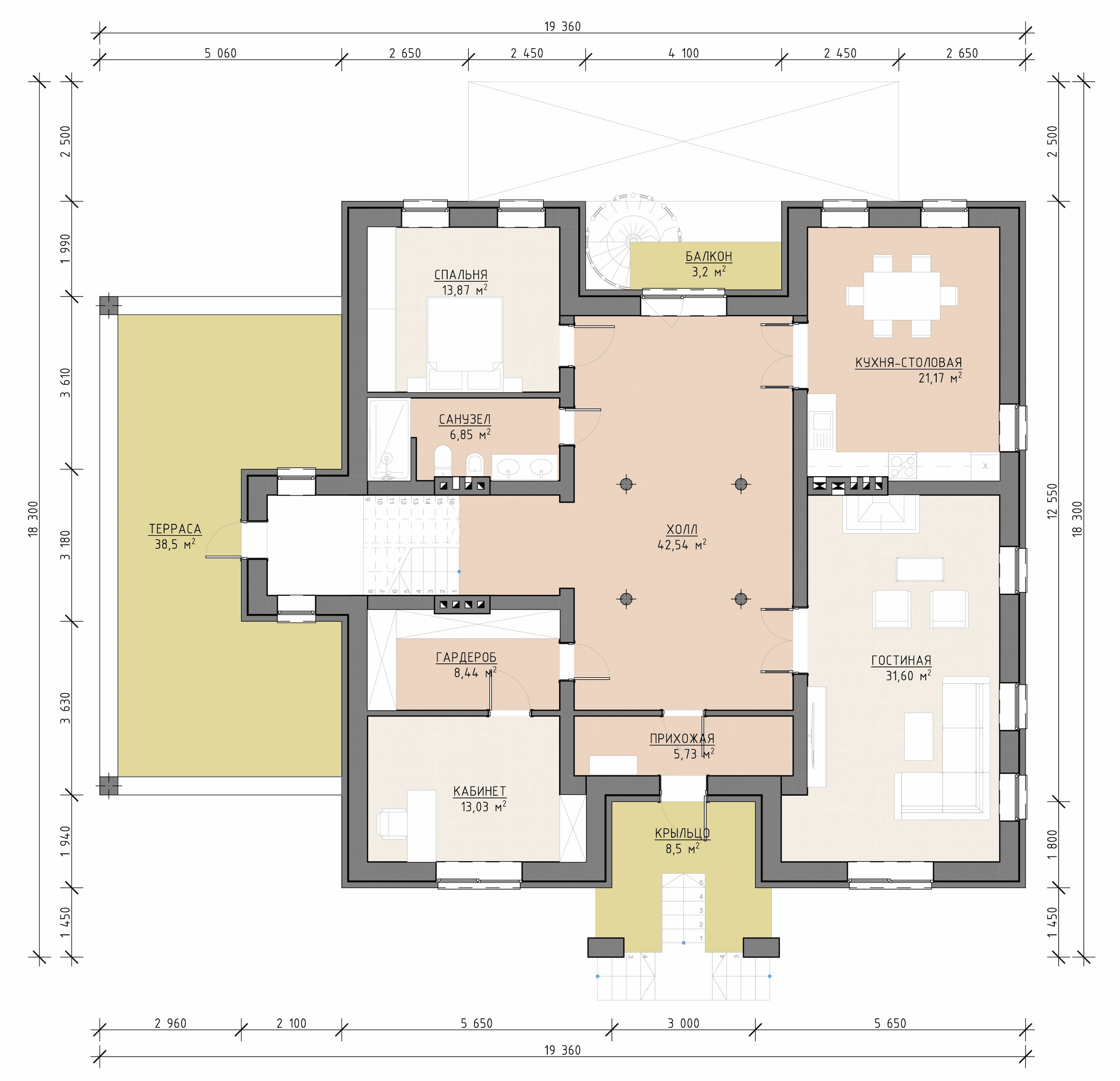 Планировка второго этажа трехэтажного дома 564 м² с гостиной, кухней-столовой, кабинетом, спальней и большой террасой