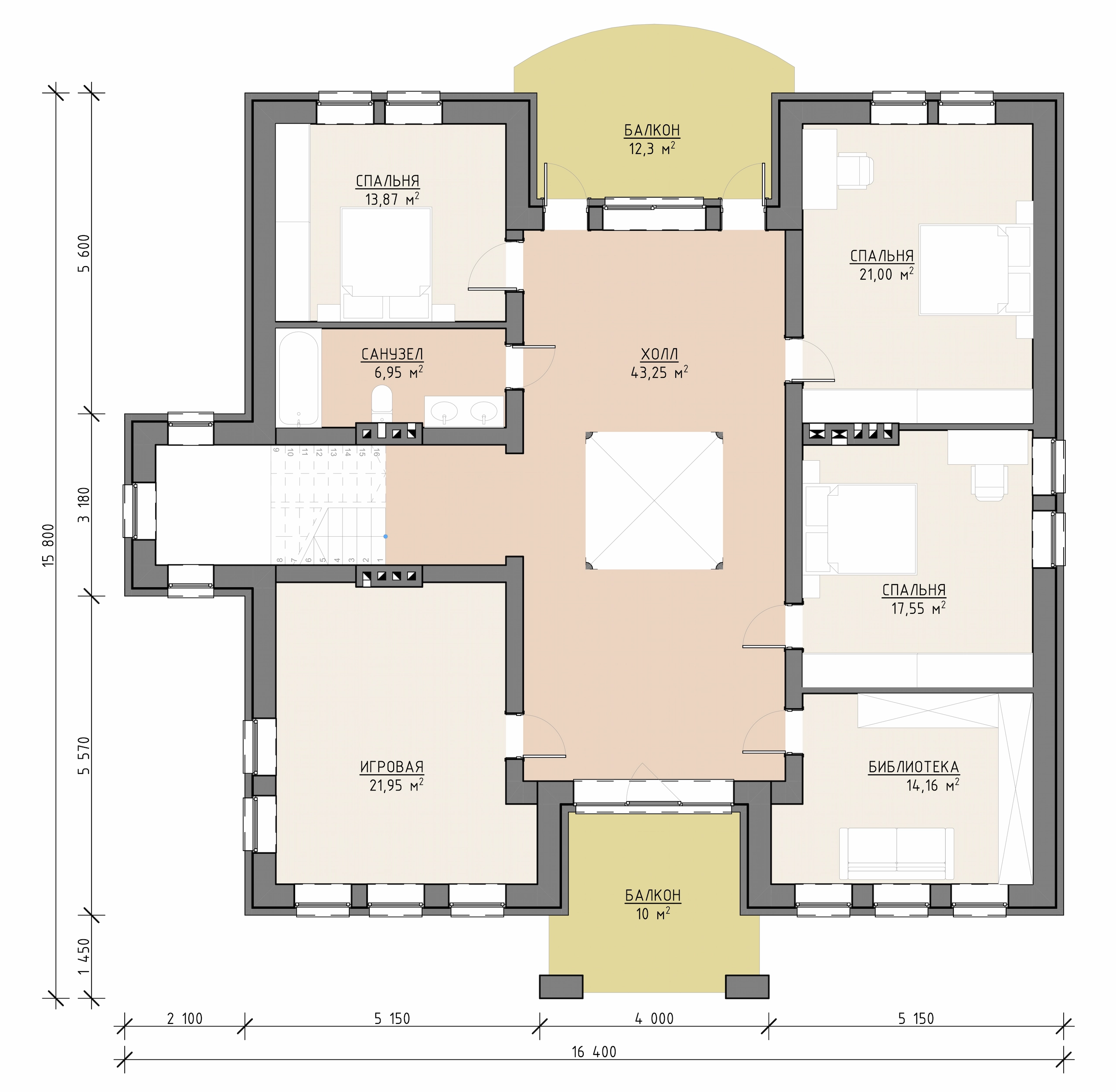 Планировка третьего этажа трехэтажного дома 564 м² с тремя спальнями, игровой, библиотекой и балконами
