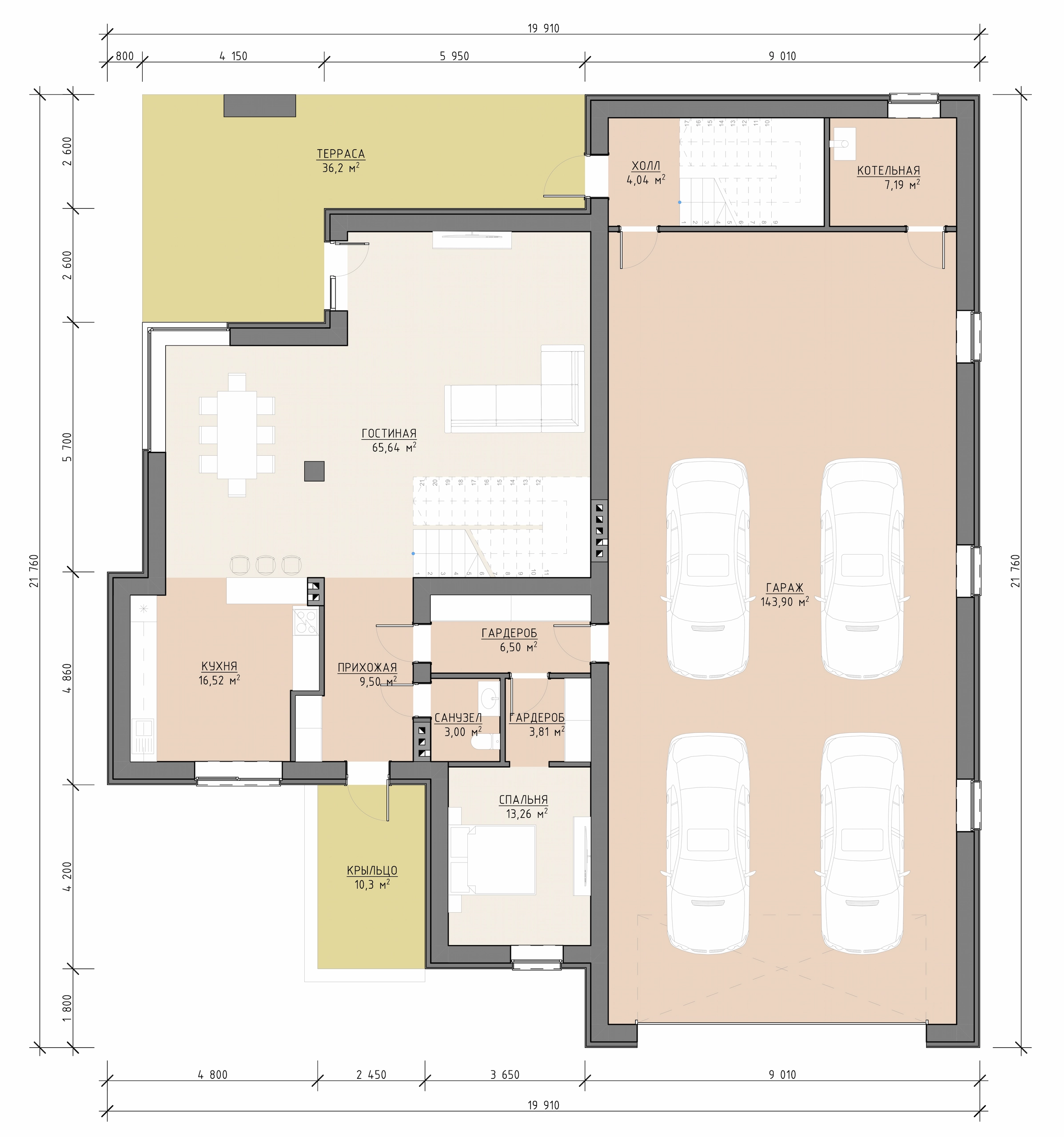 Планировка первого этажа двухэтажного дома 592 м² с гостиной, кухней, спальней, гаражом на четыре машины и террасой