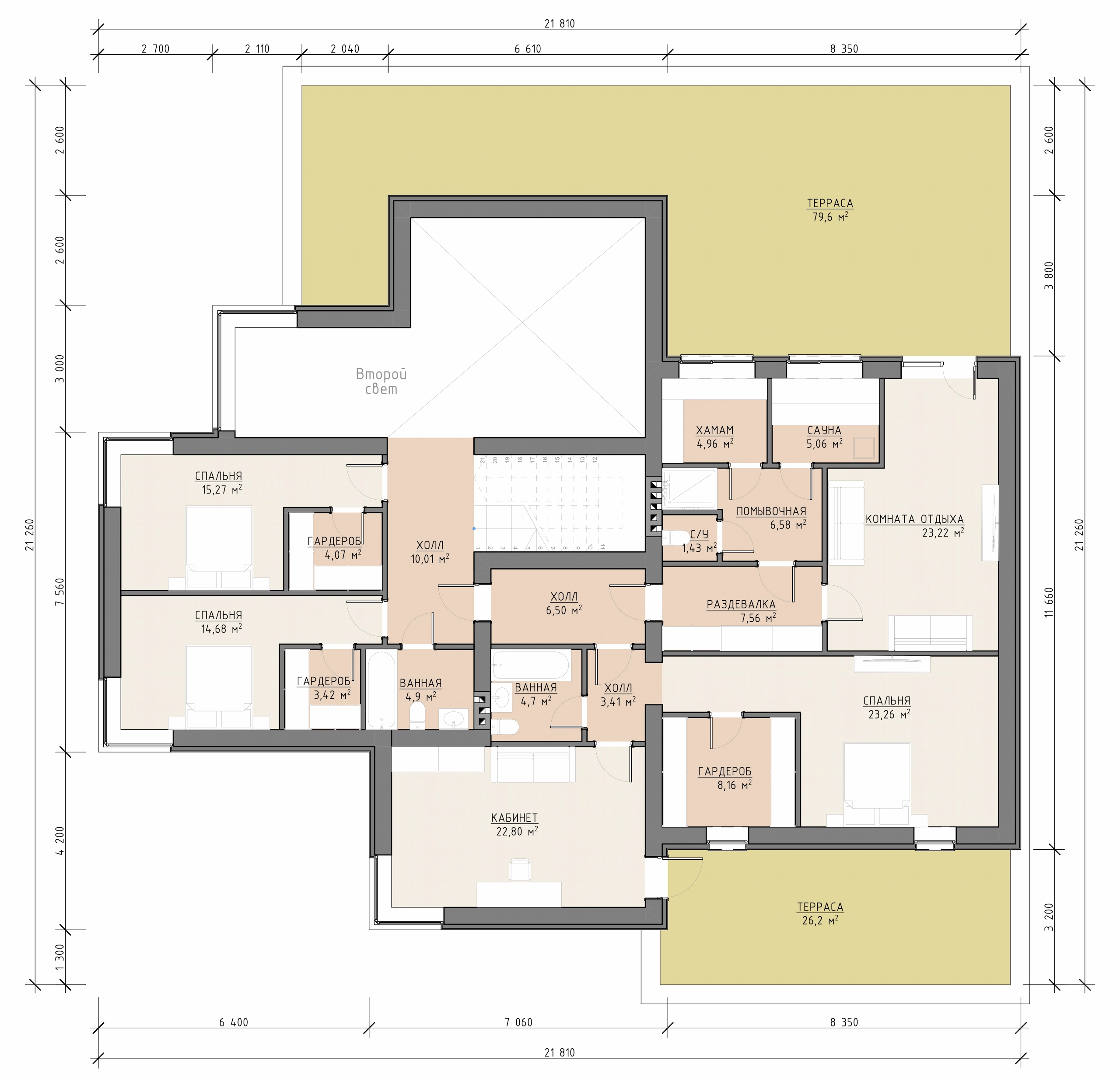 Планировка второго этажа двухэтажного дома 592 м² со спальнями, кабинетом, хаммамом, сауной, комнатой отдыха и вторым светом