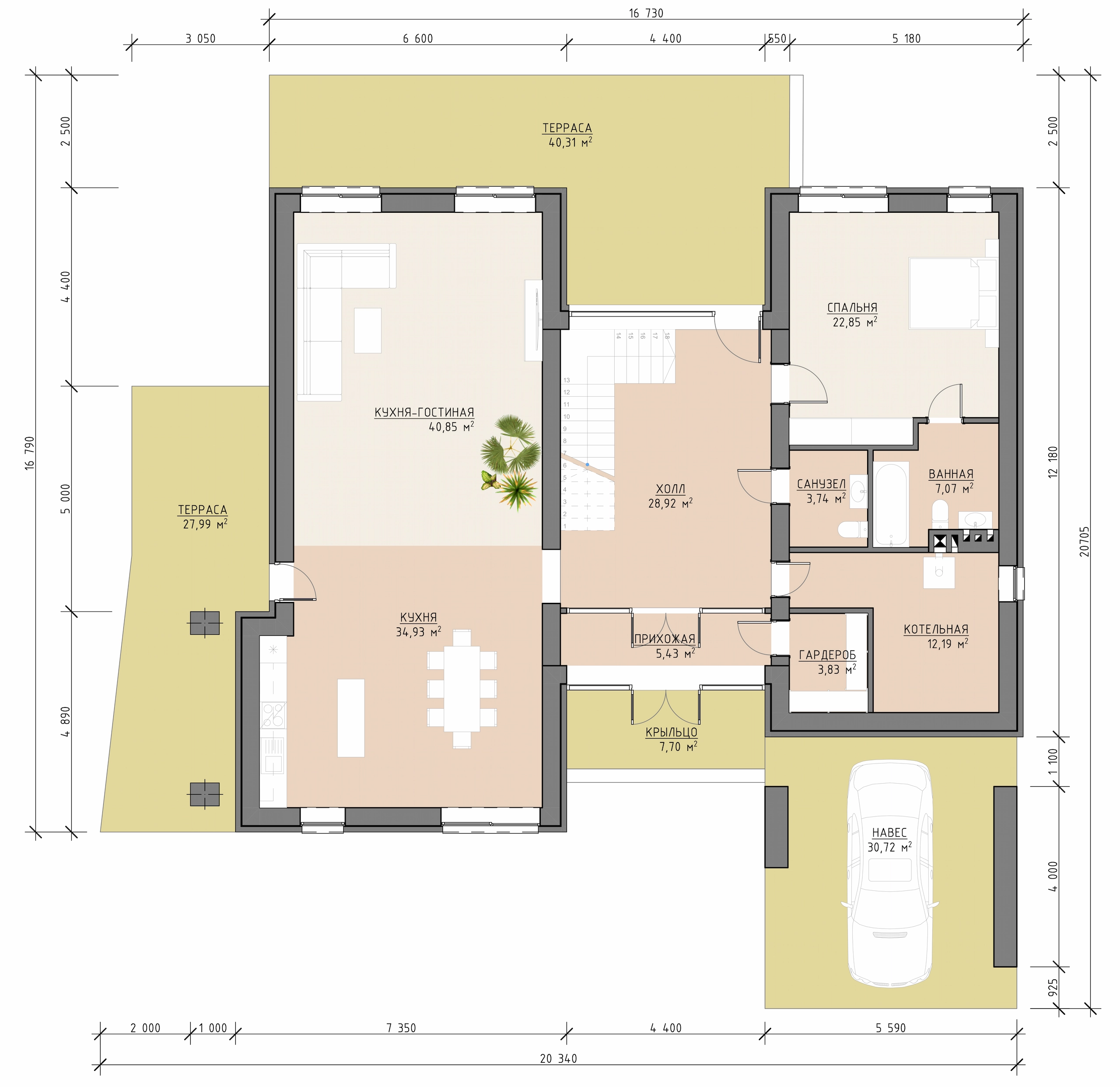 Планировка первого этажа двухэтажного дома 640 м² с кухней-гостиной, спальней, ванной, гардеробной, навесом и террасами