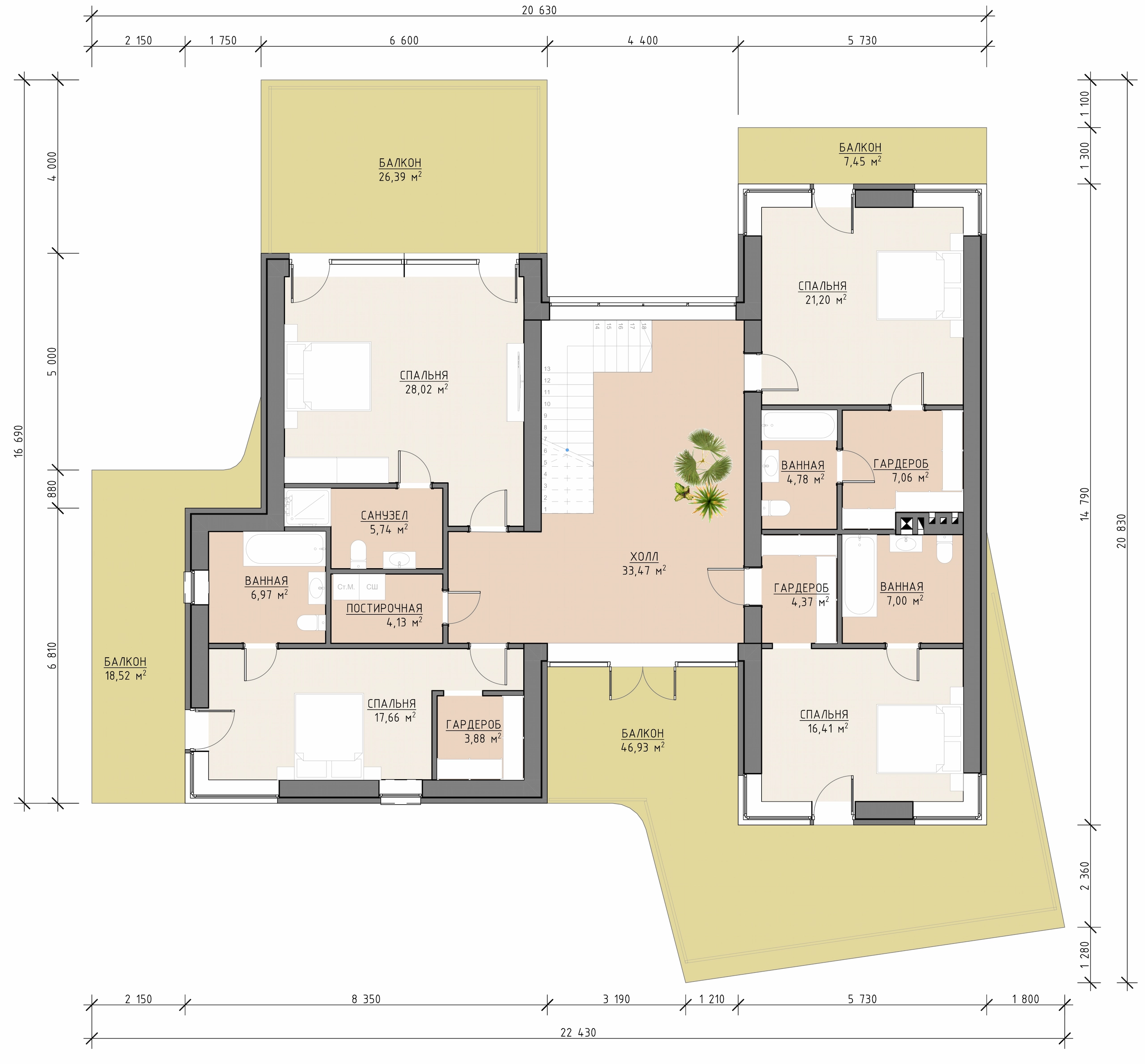 Планировка второго этажа двухэтажного дома 640 м² с четырьмя спальнями, ванными, гардеробными и балконами