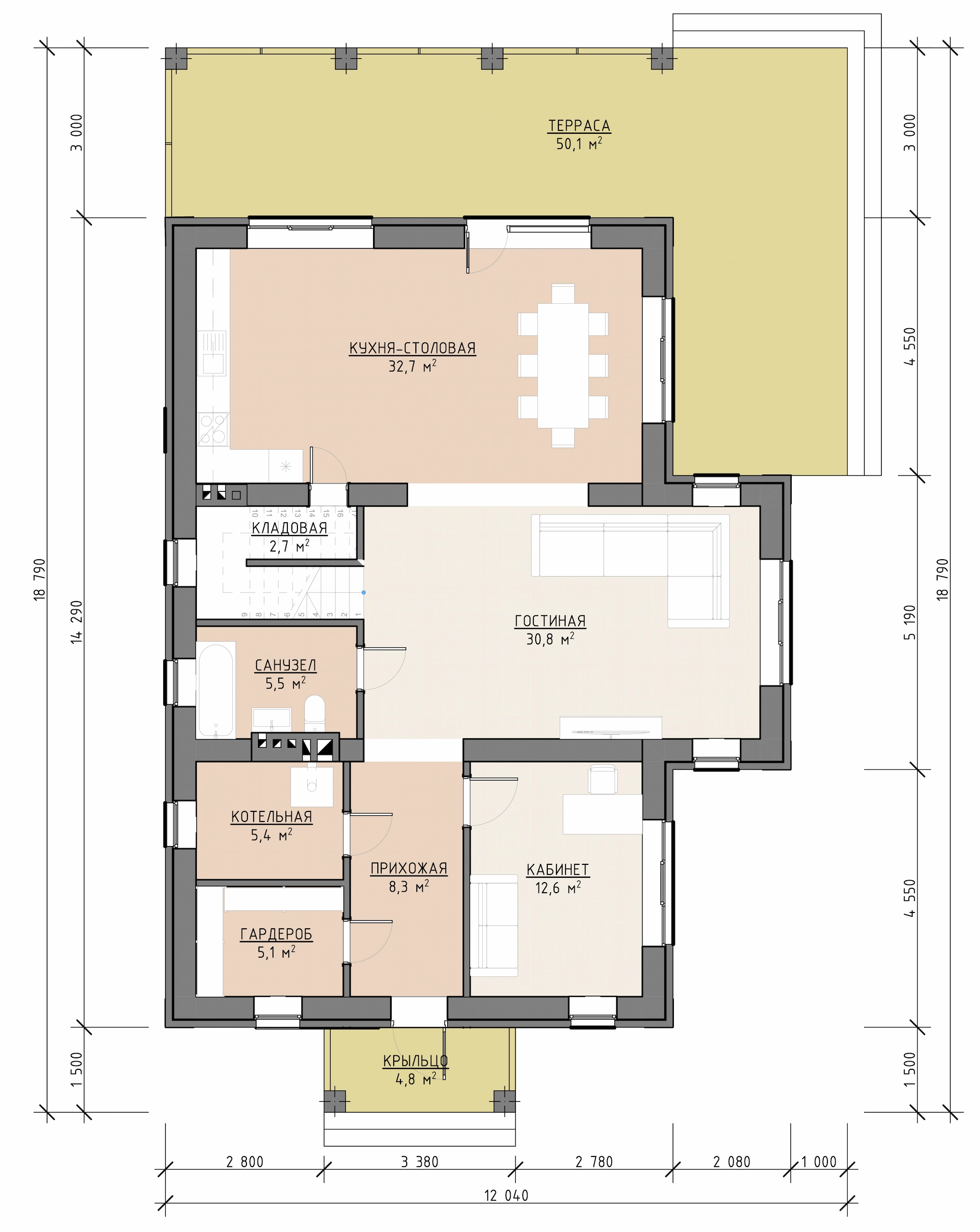 Планировка первого этажа двухэтажного дома 255 м² с кухней-столовой, гостиной, кабинетом, гардеробом и террасой