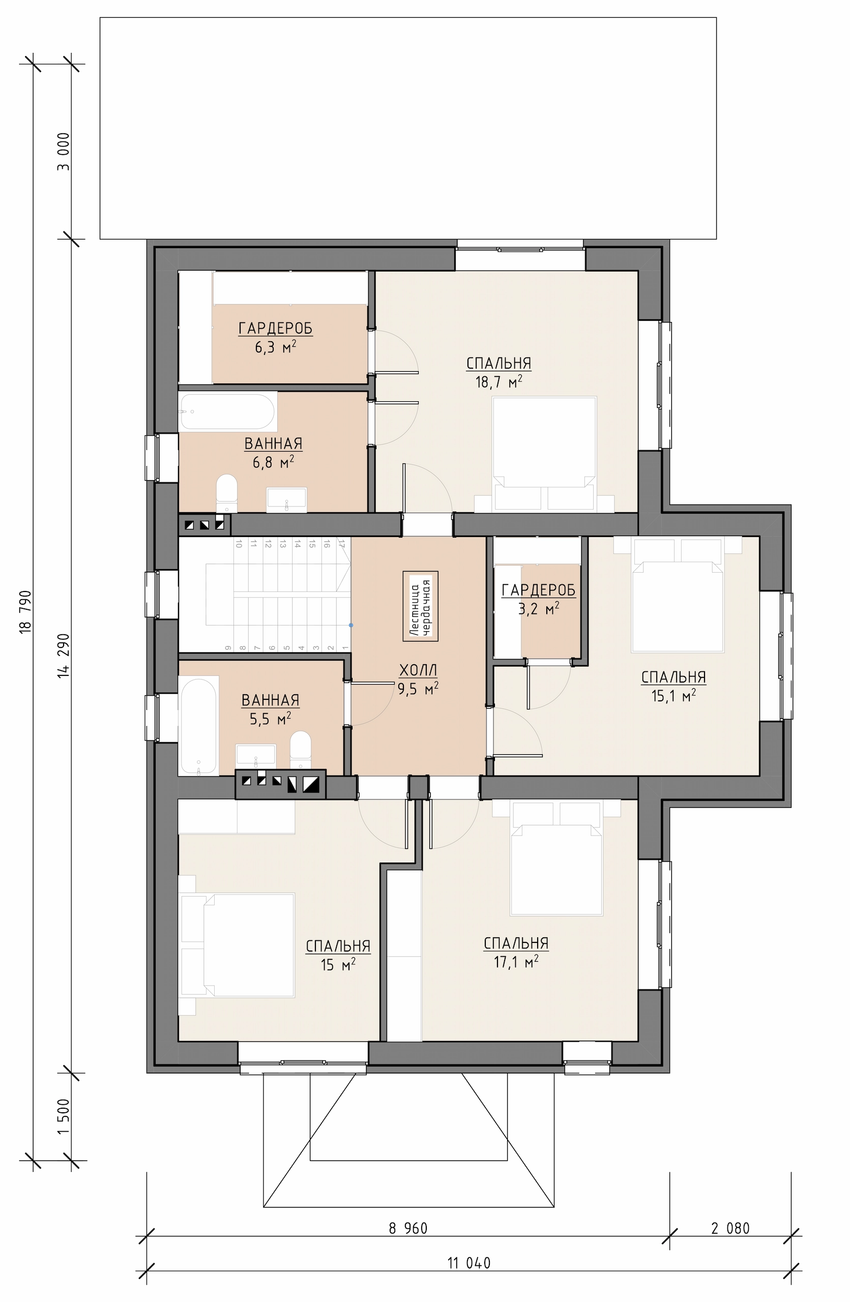 Планировка второго этажа двухэтажного дома 255 м² с четырьмя спальнями, ванными, гардеробными и холлом