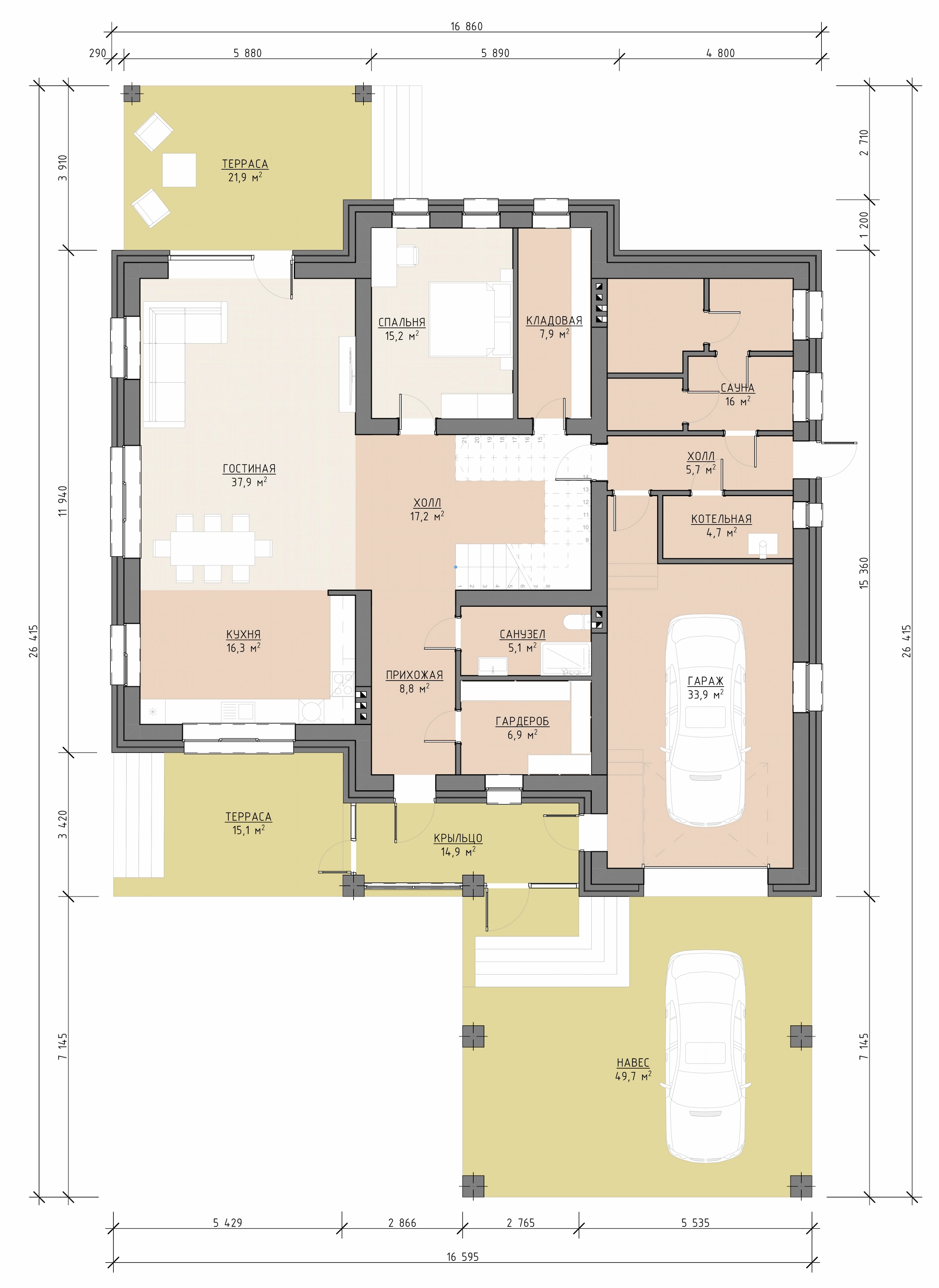 Планировка первого этажа двухэтажного дома 445 м² с гостиной, кухней, спальней, сауной, гаражом, навесом и террасой