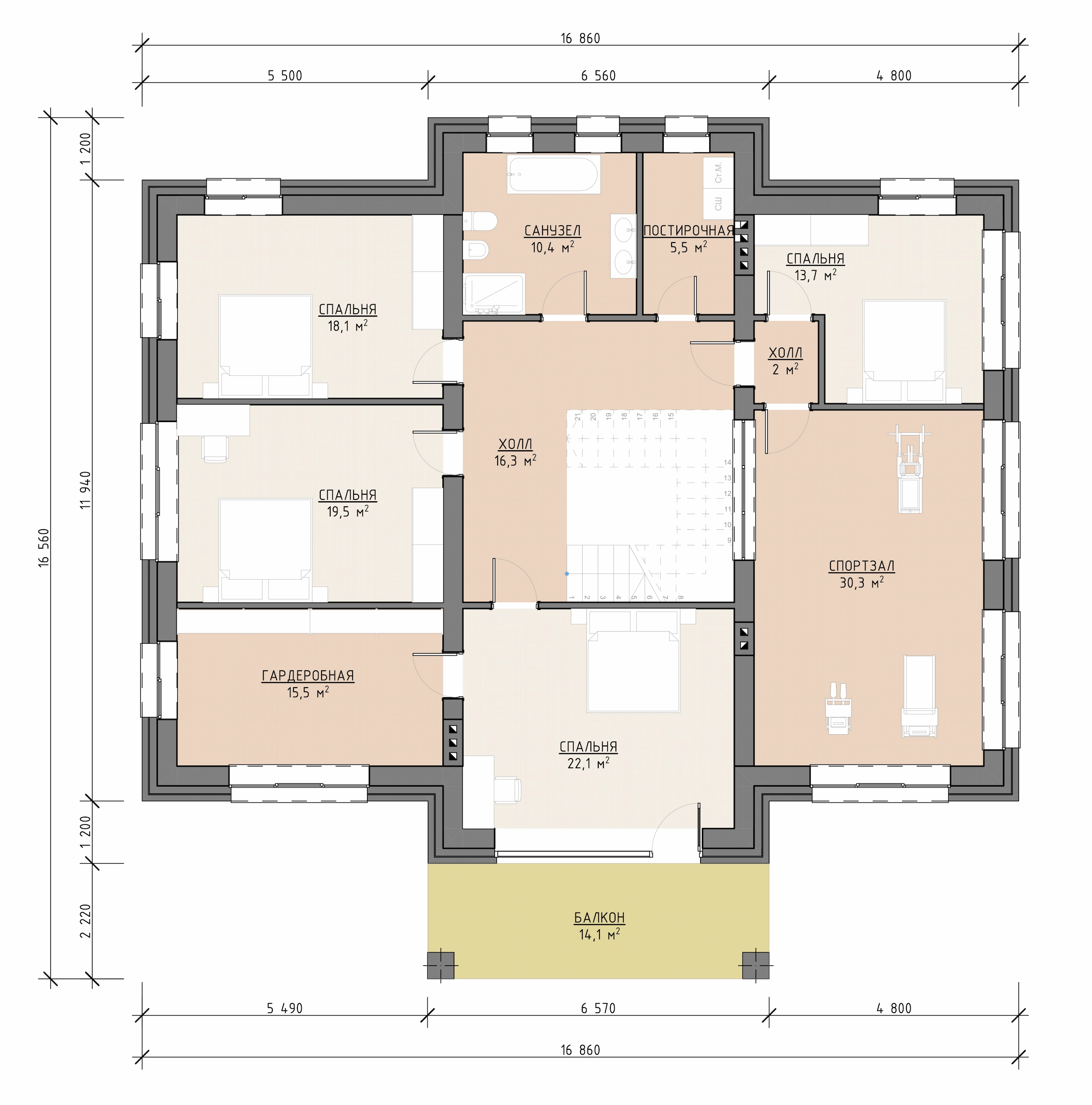 Планировка второго этажа двухэтажного дома 445 м² с четырьмя спальнями, спортзалом, гардеробной, постирочной и балконом