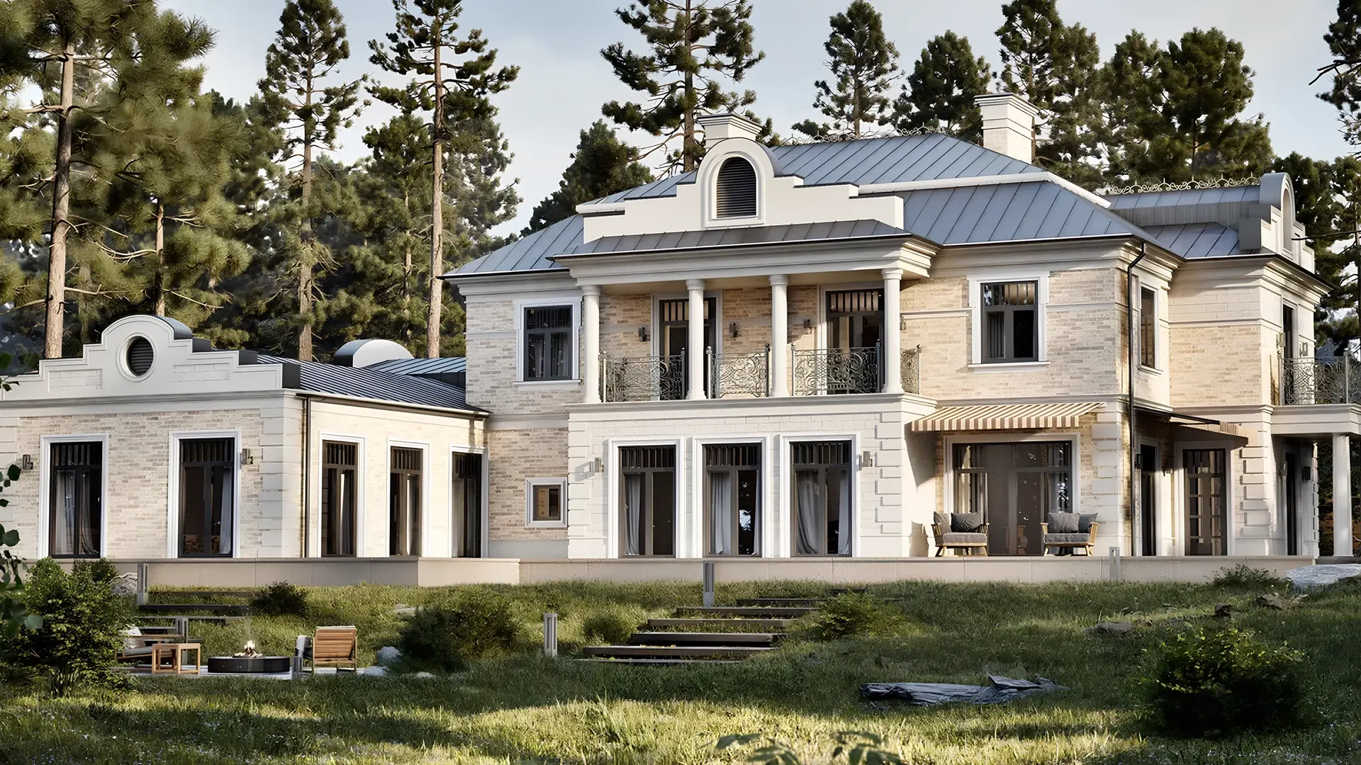 Фасад дома с колоннадой, террасой, гаражным блоком и светлой каменной отделкой