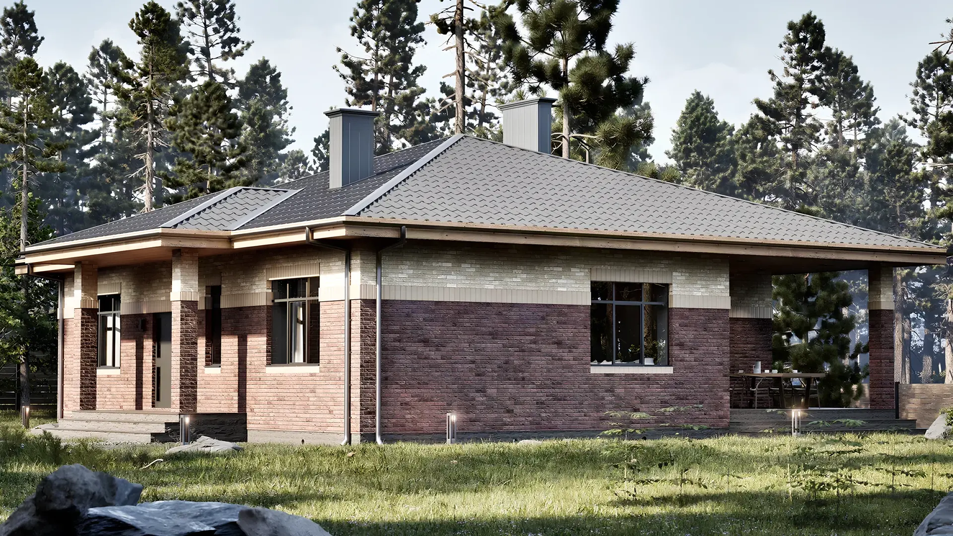 Проект дома 162 м² с террасой, вальмовой кровлей и комбинированным кирпичом