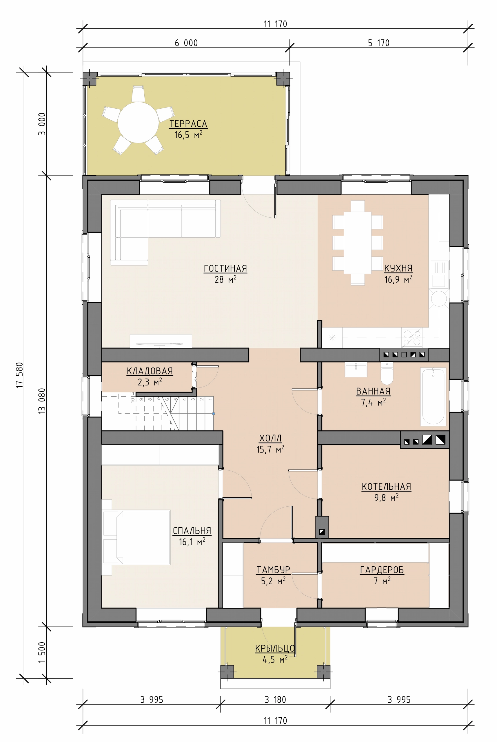 Планировка первого этажа двухэтажного дома 235 м² с гостиной, кухней, спальней, ванной, котельной и террасой