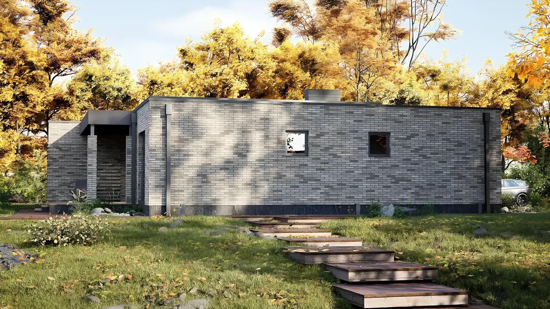 Проект дома 222 м² с длинным фасадом, плоской кровлей и террасой