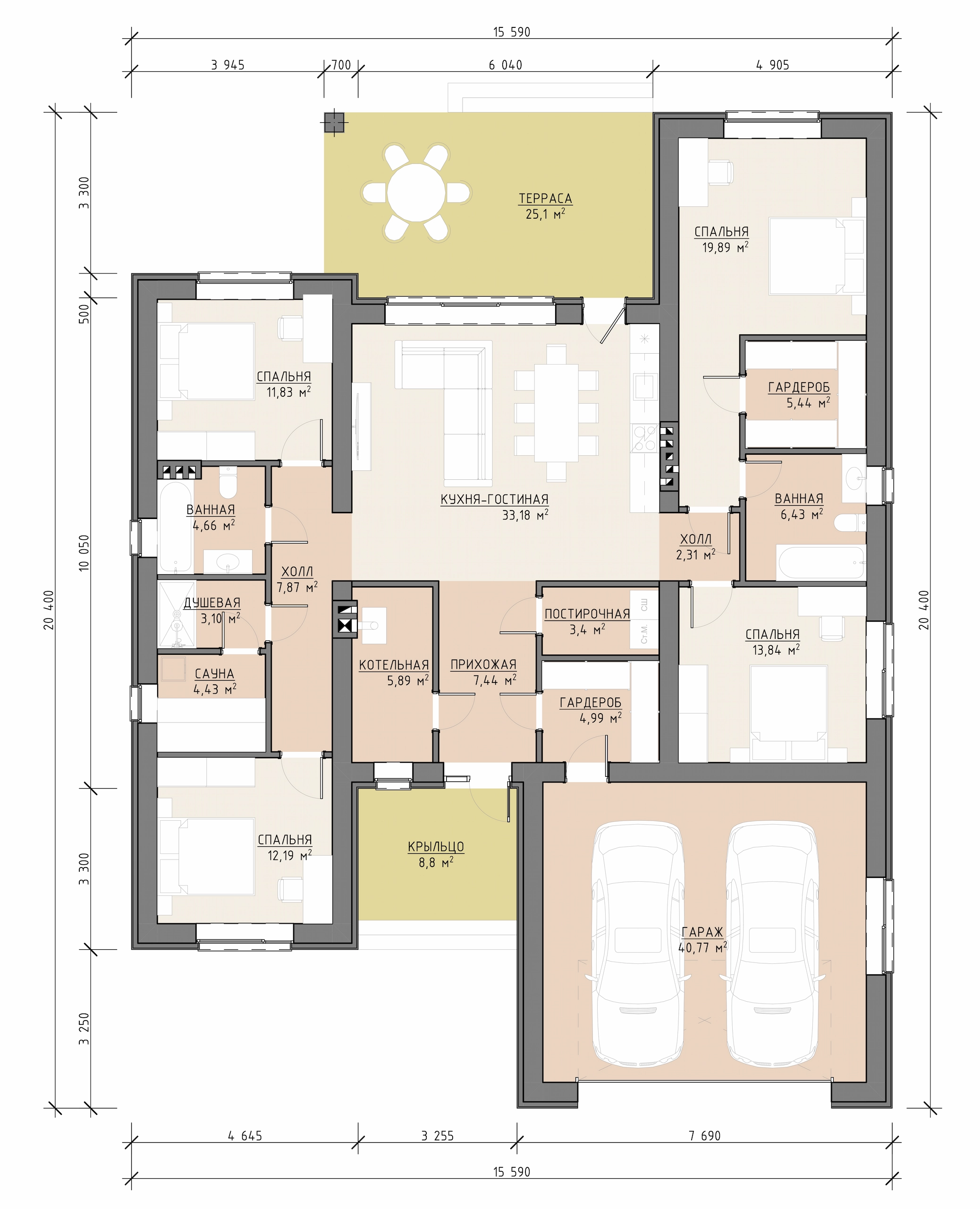 Планировка одноэтажного дома 222 м² с кухней-гостиной, тремя спальнями, сауной, душевой, гаражом и террасой