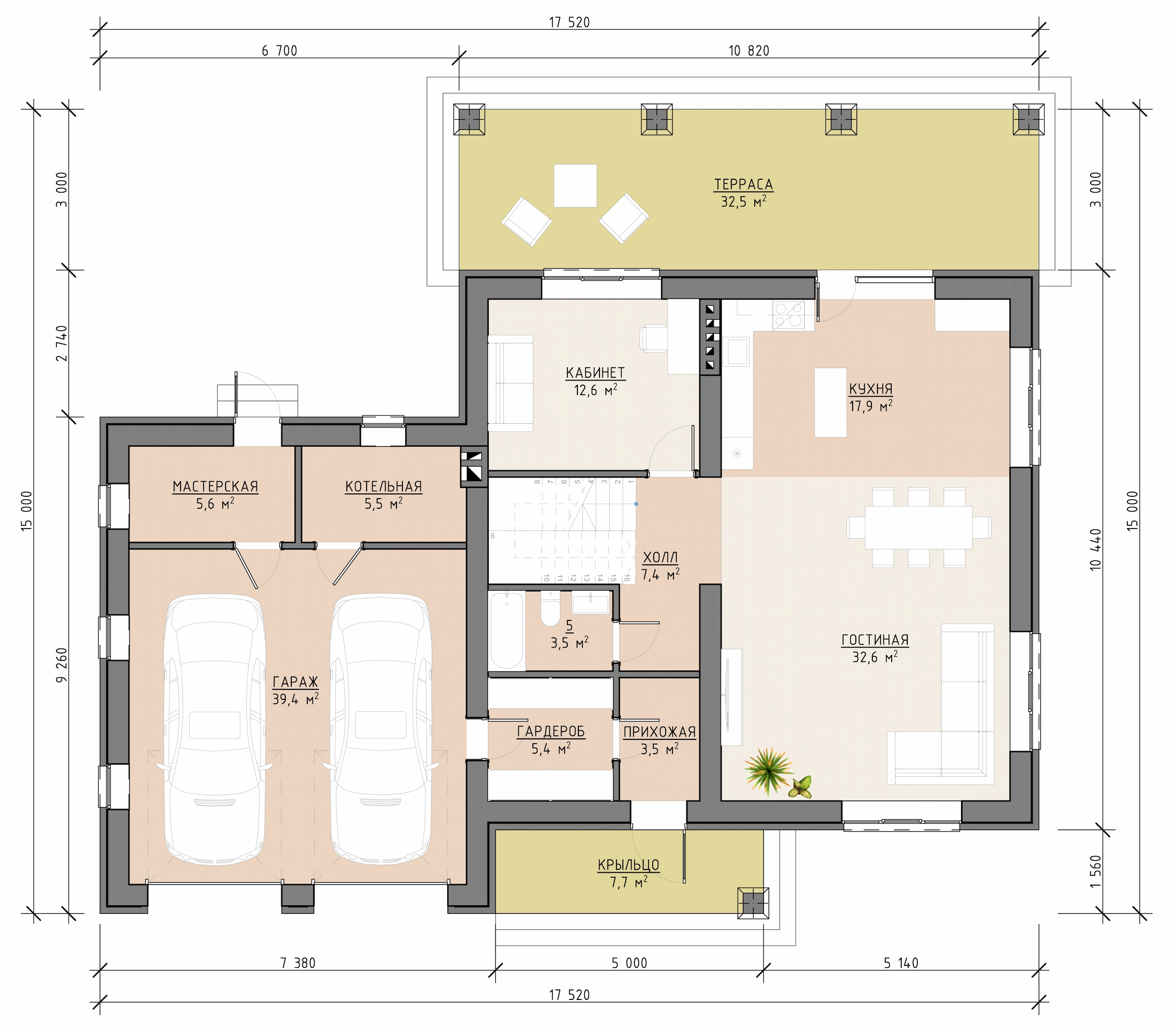 Планировка первого этажа двухэтажного дома 257 м² с гостиной, кухней, кабинетом, гаражом на две машины и террасой