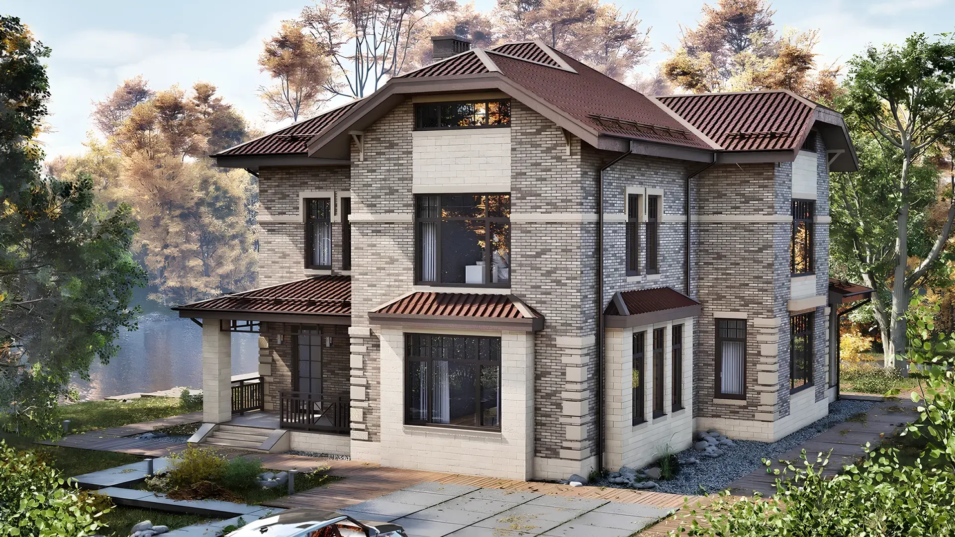 Проект дома 253 м² с высоким фасадом, террасой и классическими окнами
