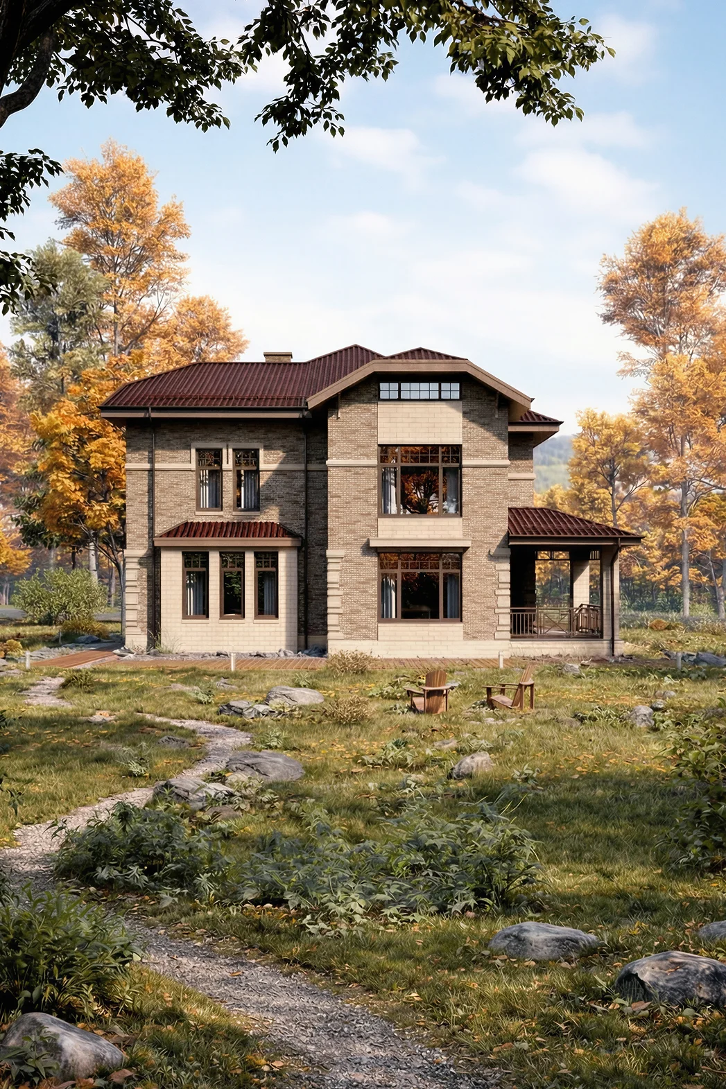 Проект двухэтажного дома 253 м² в классическом стиле с вальмовой кровлей и террасой