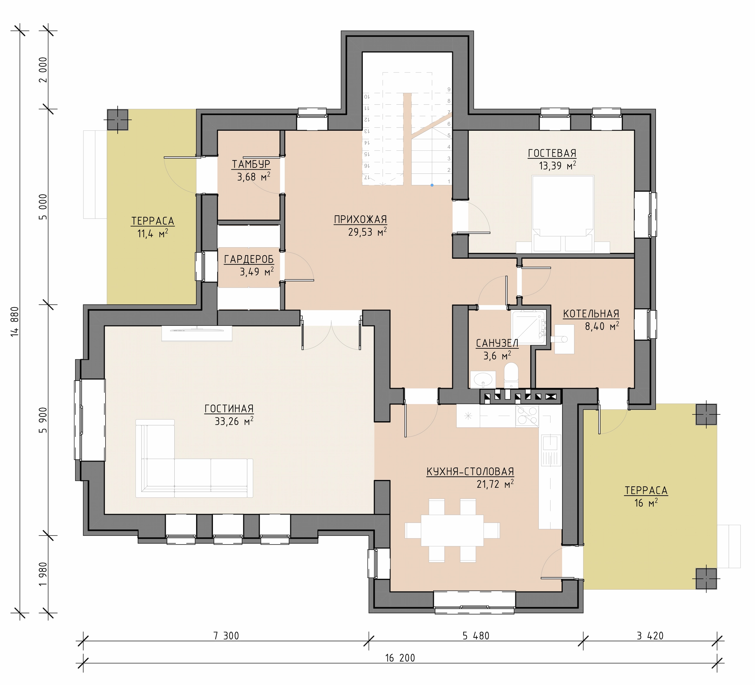 Планировка первого этажа двухэтажного дома 253 м² с гостиной, кухней-столовой, гостевой комнатой, котельной и террасами