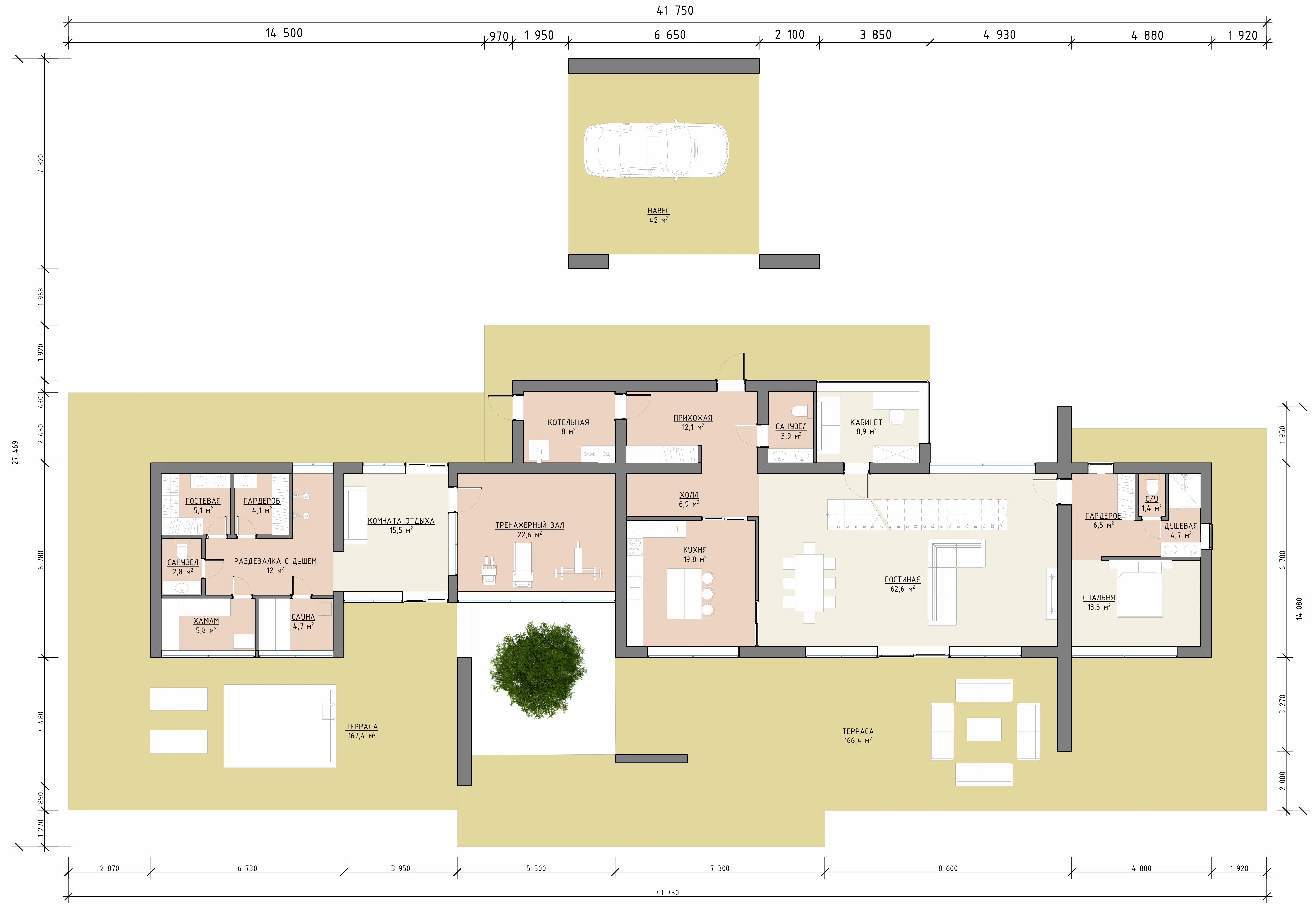 Планировка первого этажа двухэтажного дома 738 м² с кухней-гостиной, кабинетом, гаражом, спальнями и террасами