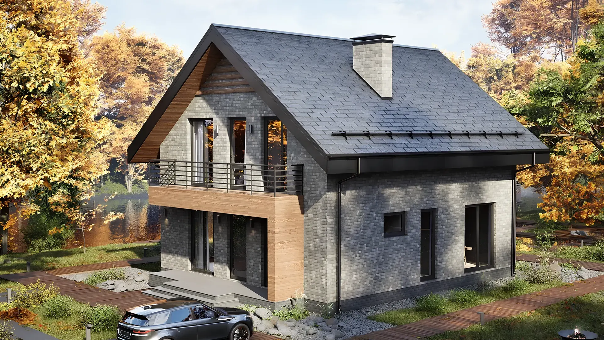 Верхний ракурс дома с мансардной кровлей, балконом и террасой