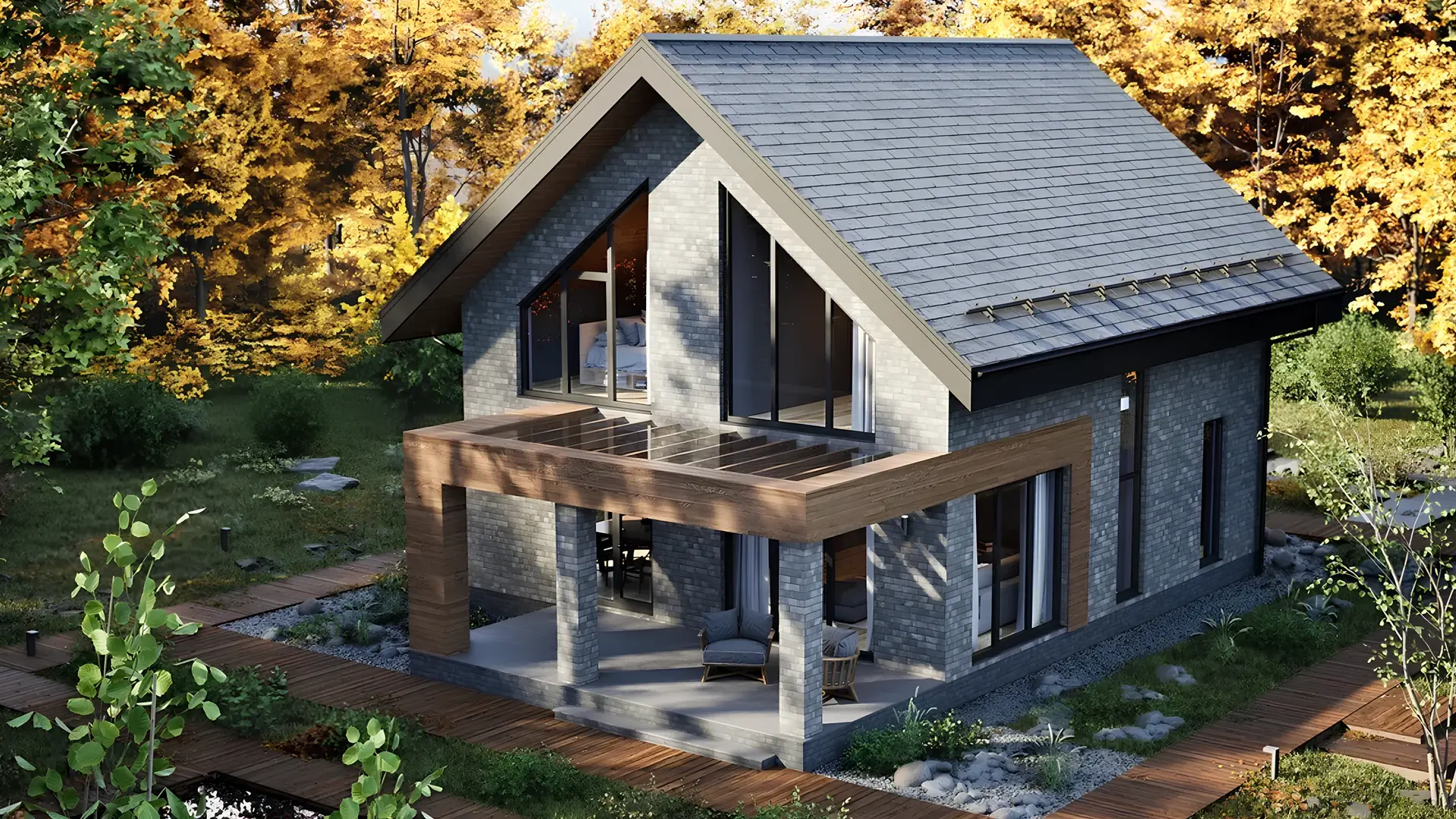 Проект дома 158 м² с высоким фронтоном, деревянными вставками и террасой