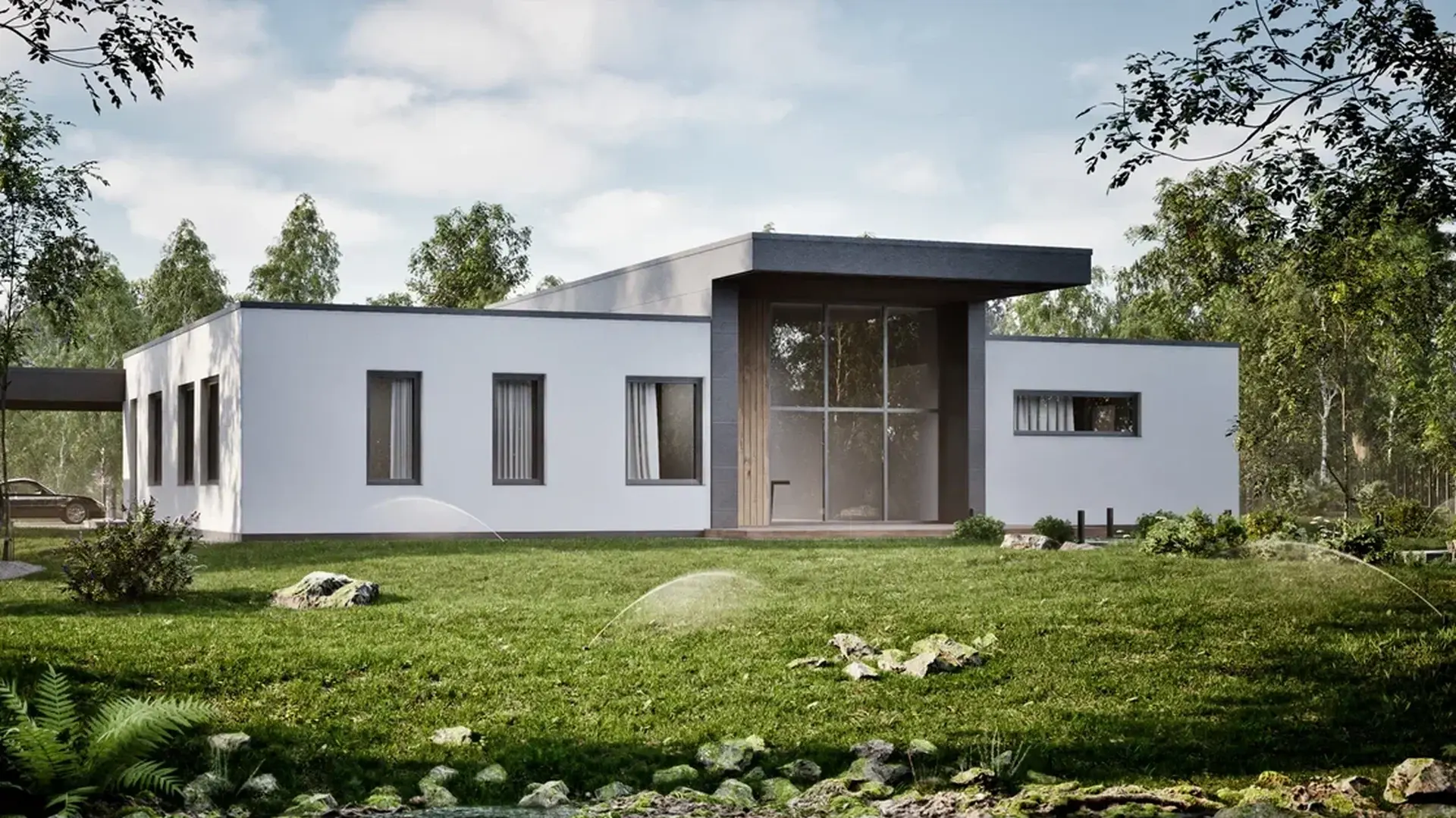 Проект дома 351 м² с широким фасадом, плоской кровлей и входным порталом