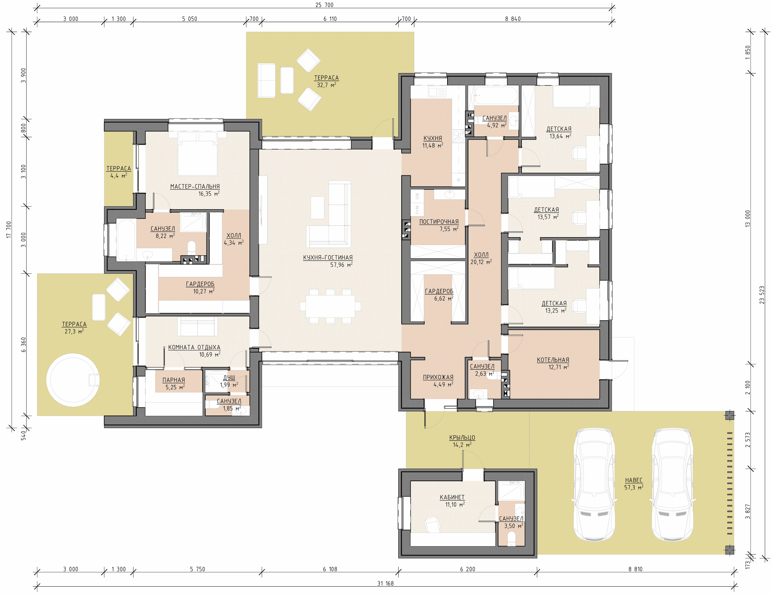 Планировка одноэтажного дома 351 м² с кухней-гостиной, мастер-спальней, детскими, парной, комнатой отдыха, навесом и террасами