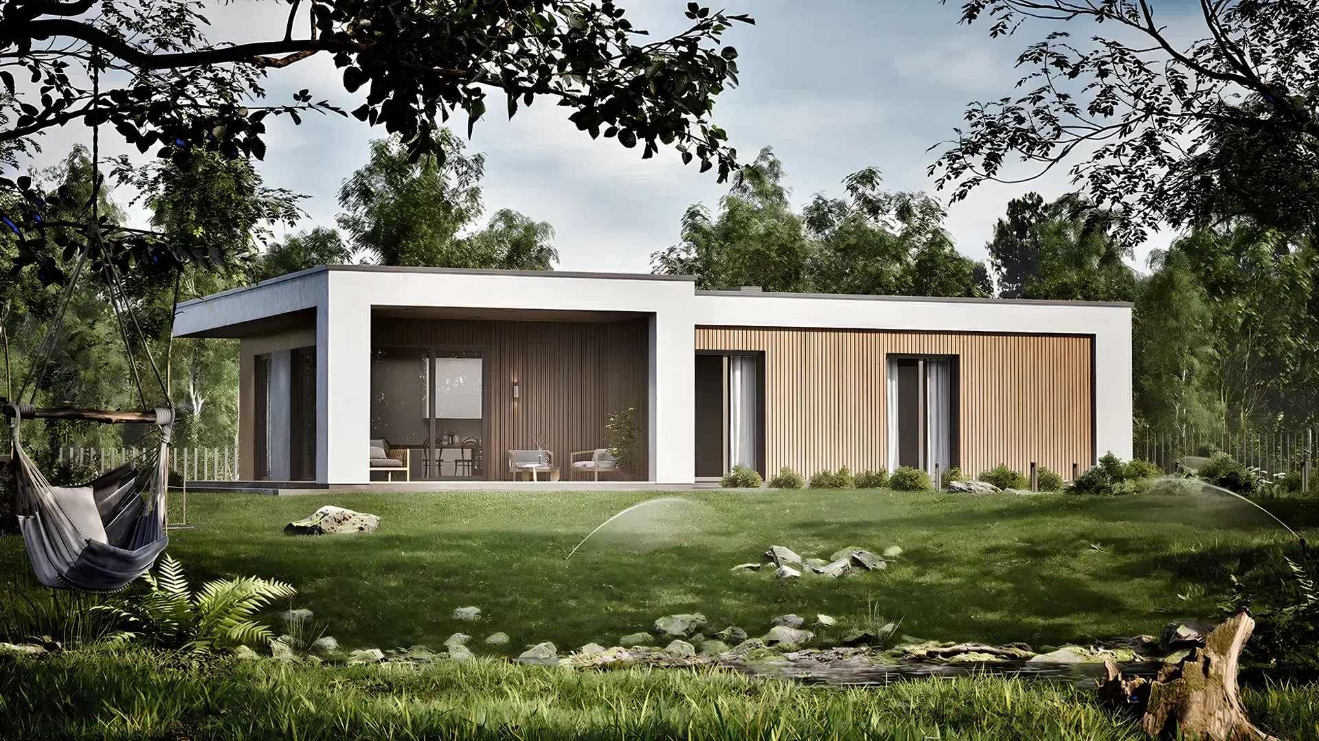 Проект дома 229 м² с плоской кровлей, террасой и светлым фасадом
