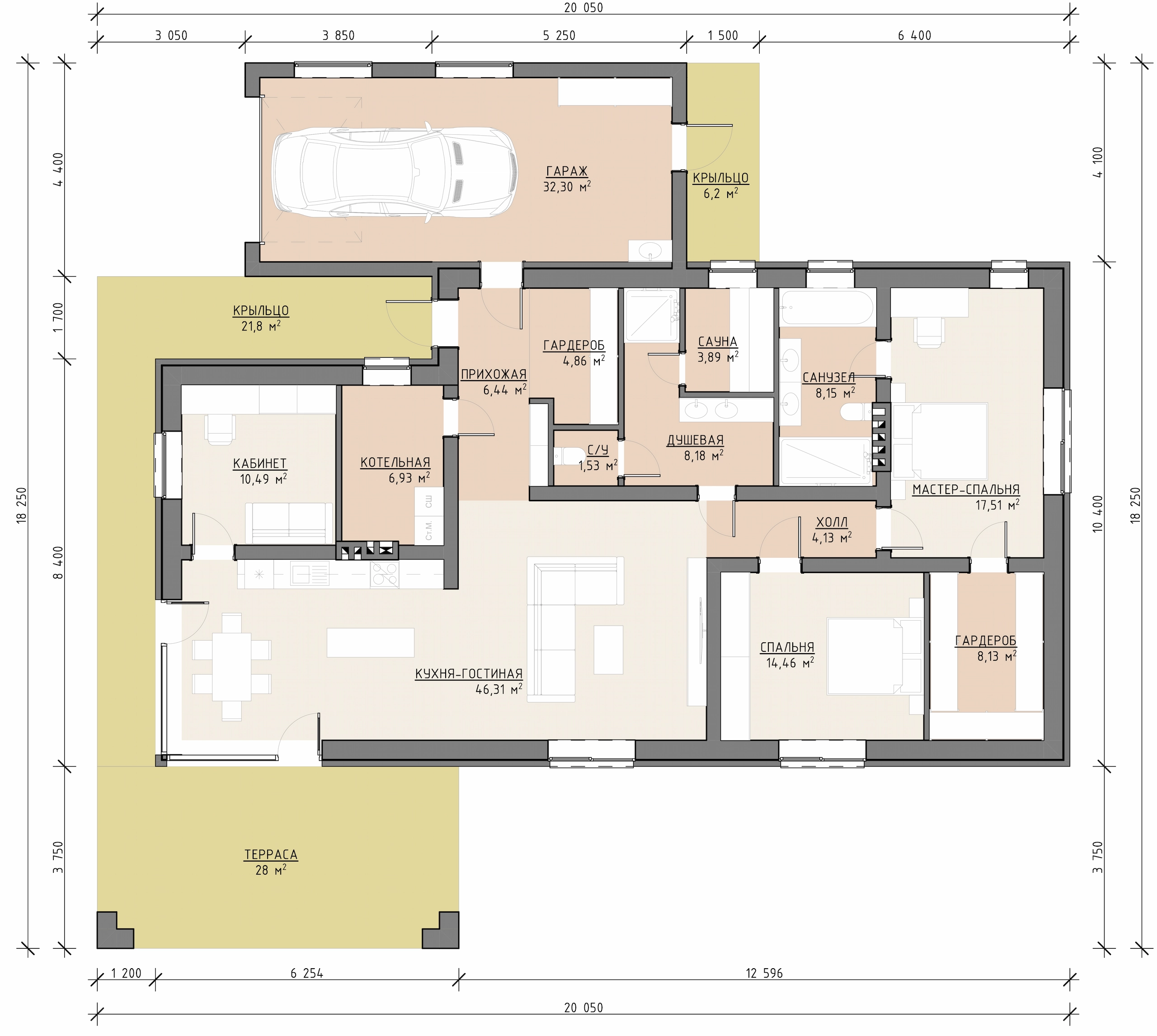 Планировка одноэтажного дома 229 м² с кухней-гостиной, мастер-спальней, спальней, кабинетом, сауной, гаражом и террасой
