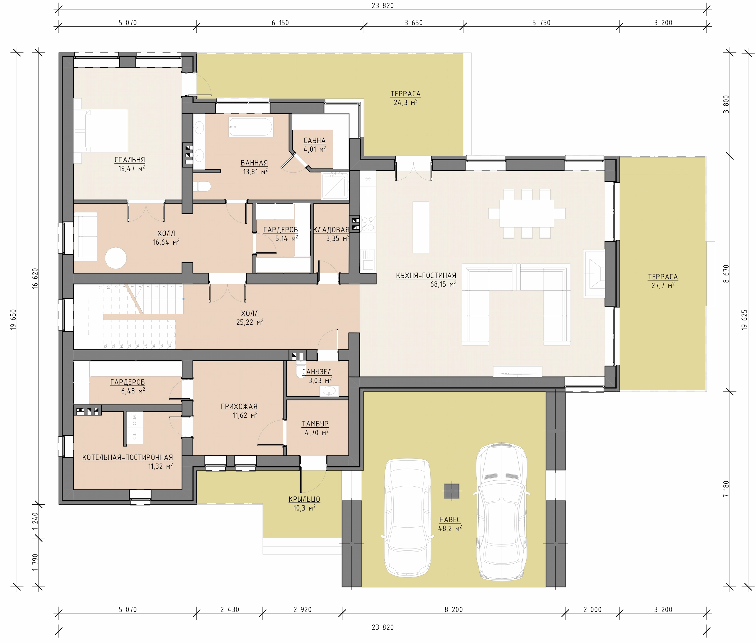 Планировка первого этажа двухэтажного дома 505 м² с кухней-столовой, спальней, сауной, гаражом, навесом и террасами