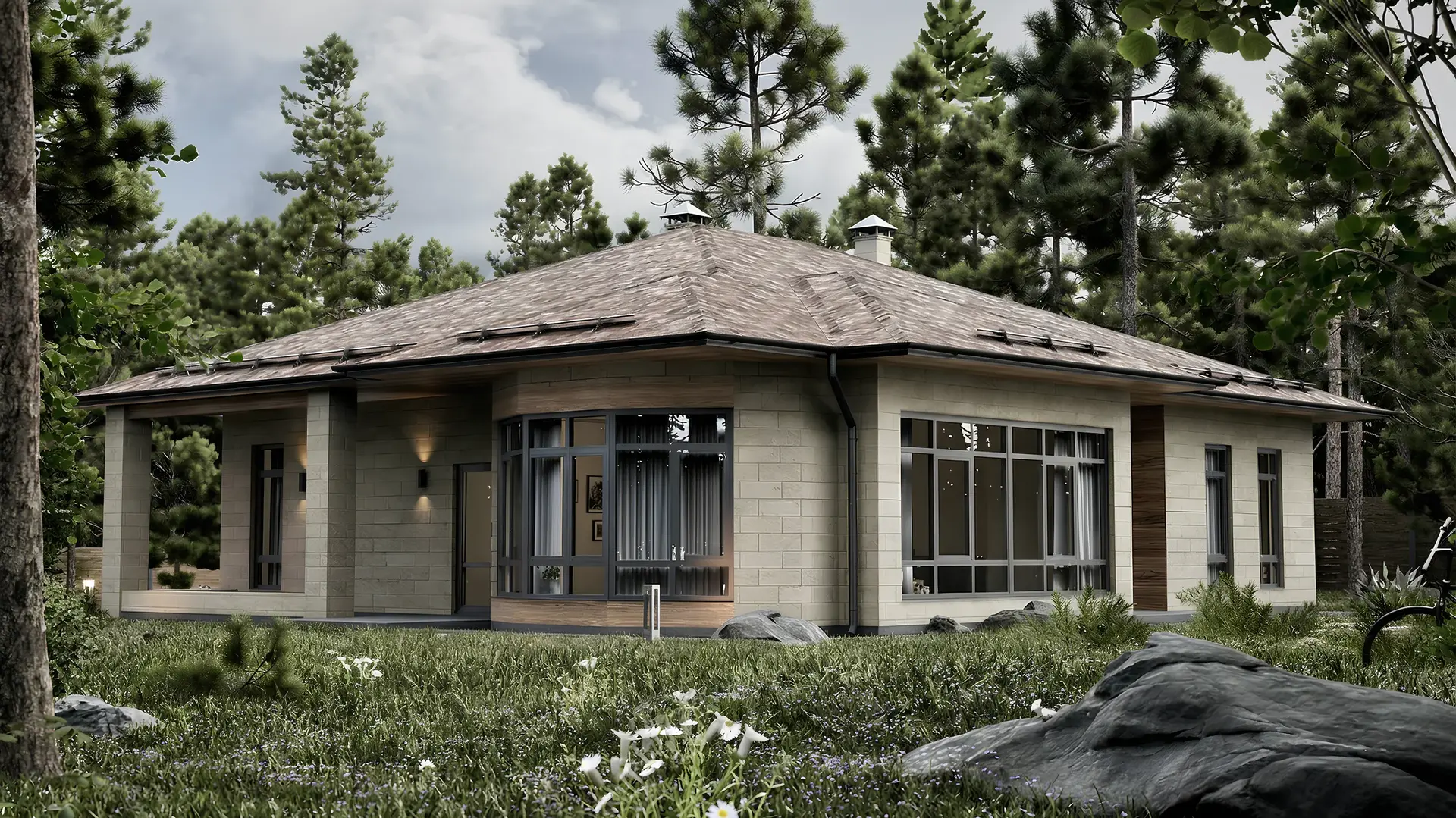 Проект дома 150 м² с высоким остеклением и светлым каменным фасадом