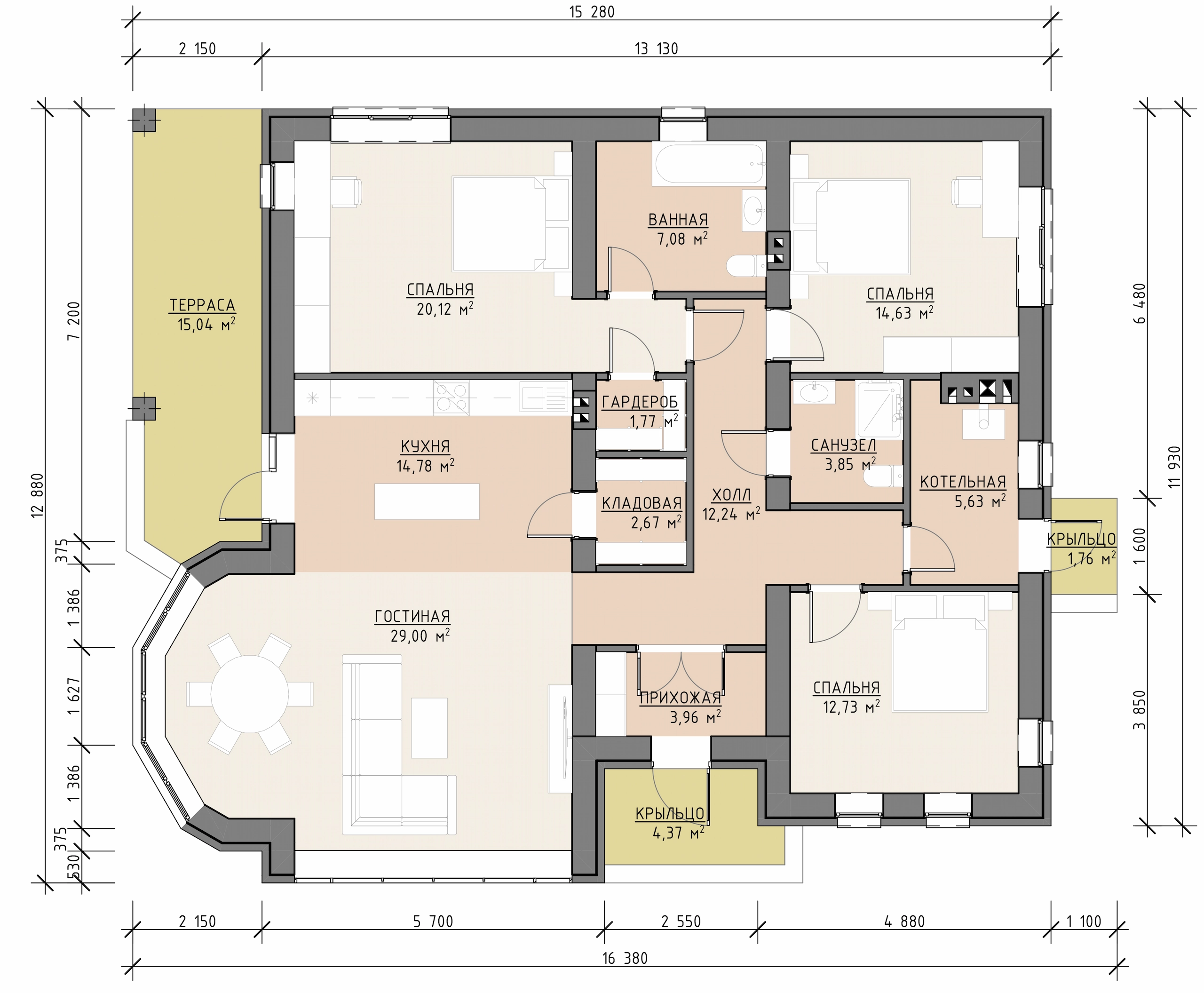 Планировка одноэтажного дома 150 м² с гостиной, кухней, тремя спальнями, гардеробом, котельной и террасой
