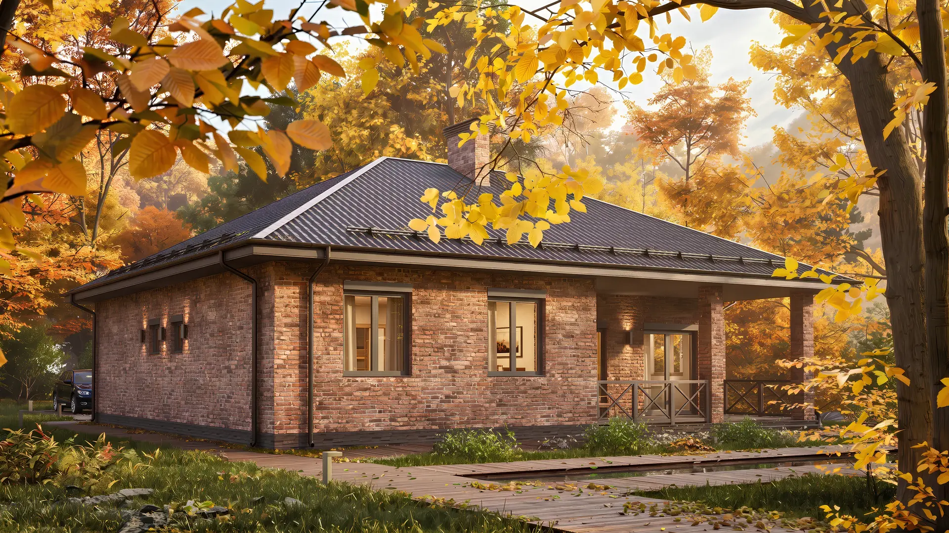 Боковой фасад дома с вальмовой кровлей, кирпичной кладкой и окнами