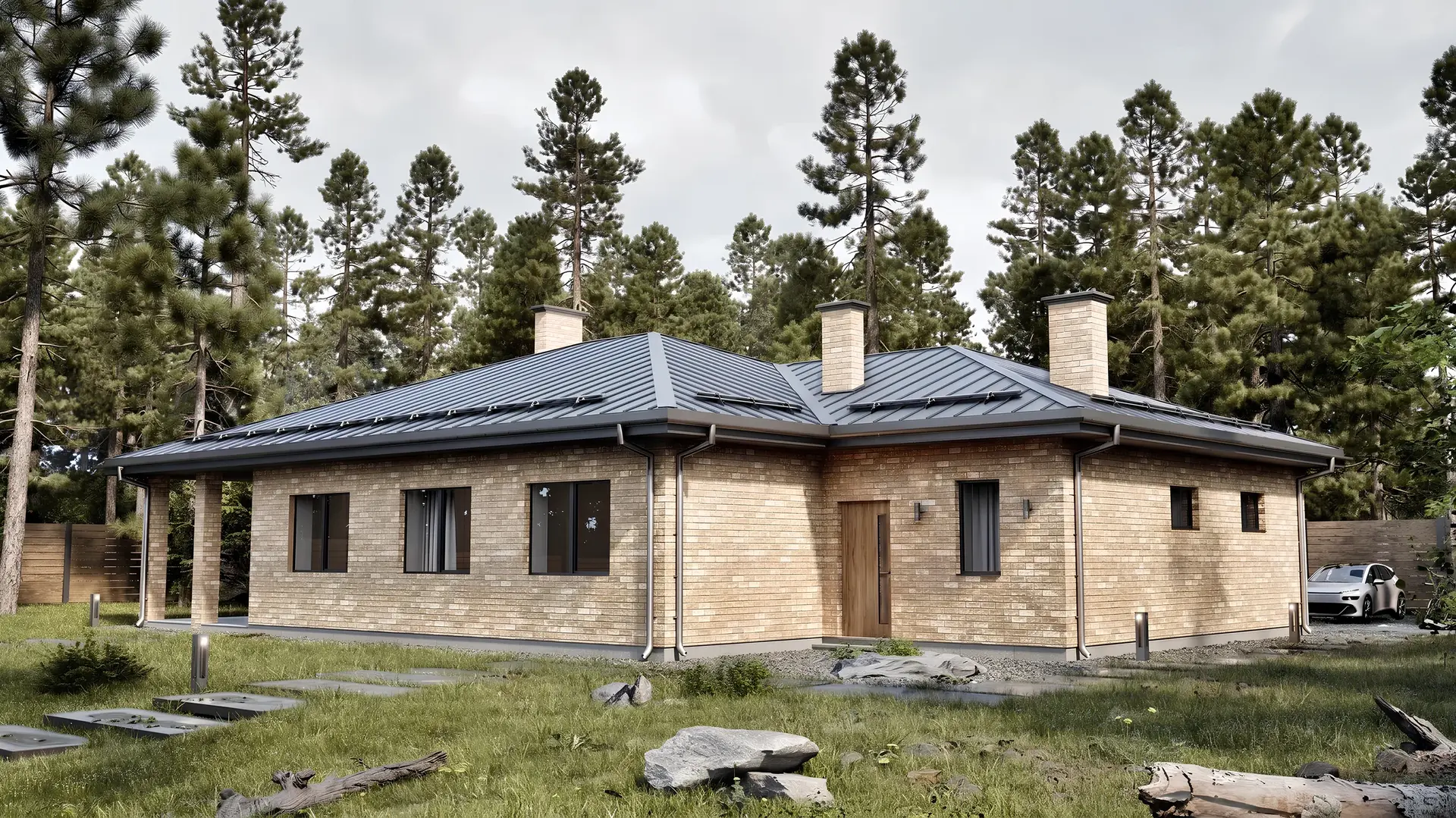 Проект дома с гаражом, темными воротами и деревянной отделкой входной зоны