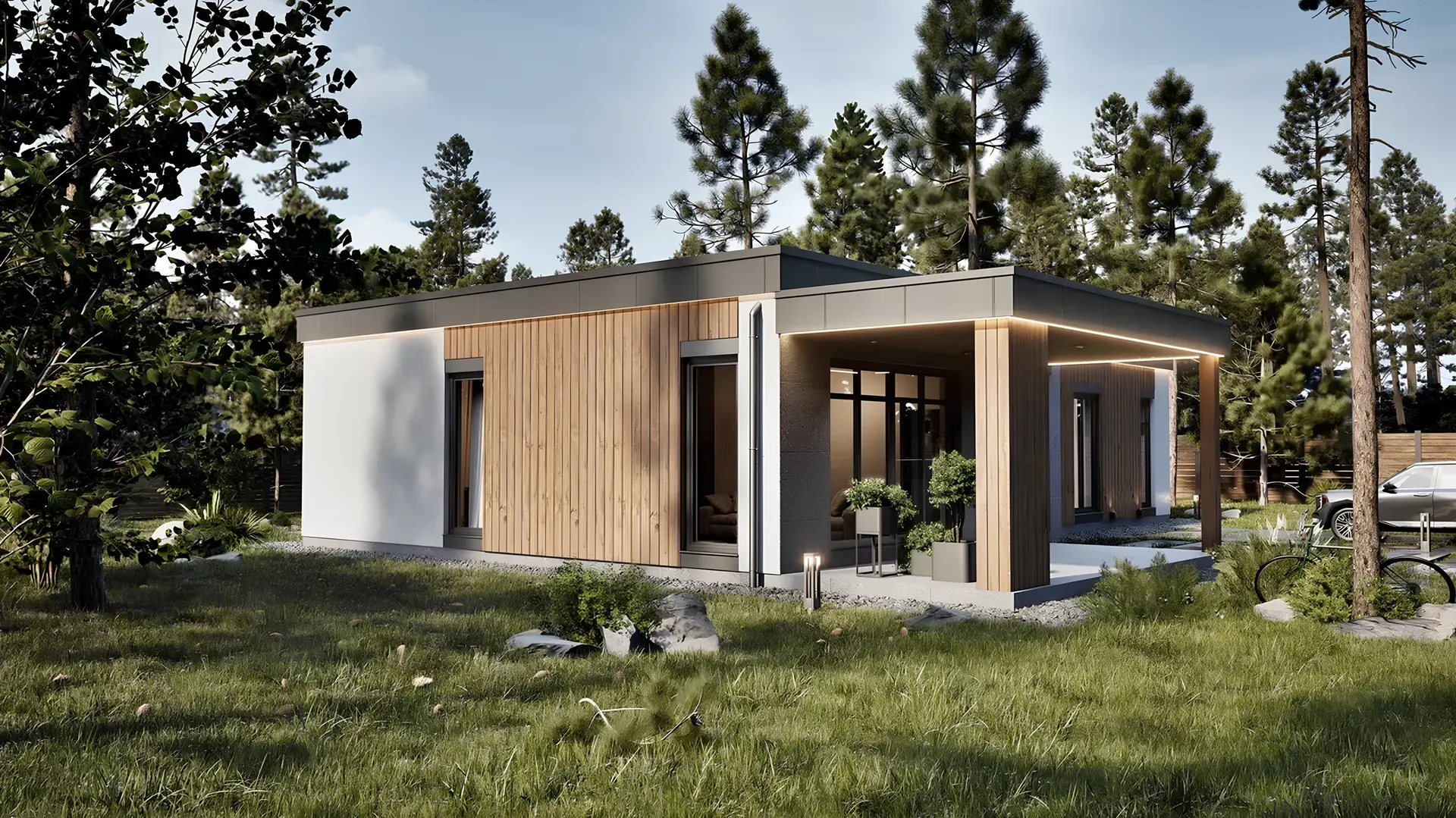 Современный дом 150 м² с крытой террасой, колоннами и панорамным остеклением