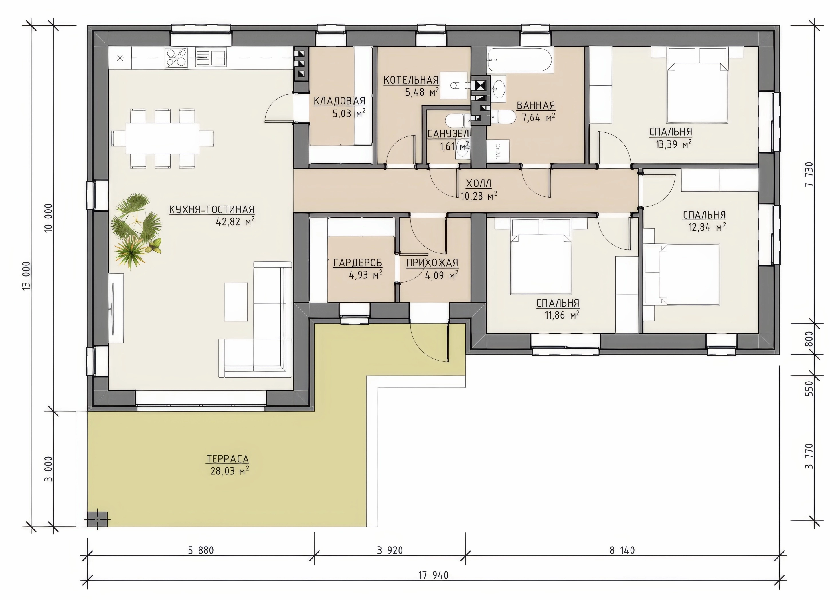 Планировка одноэтажного дома 150 м² с кухней-гостиной, тремя спальнями, гардеробной и террасой