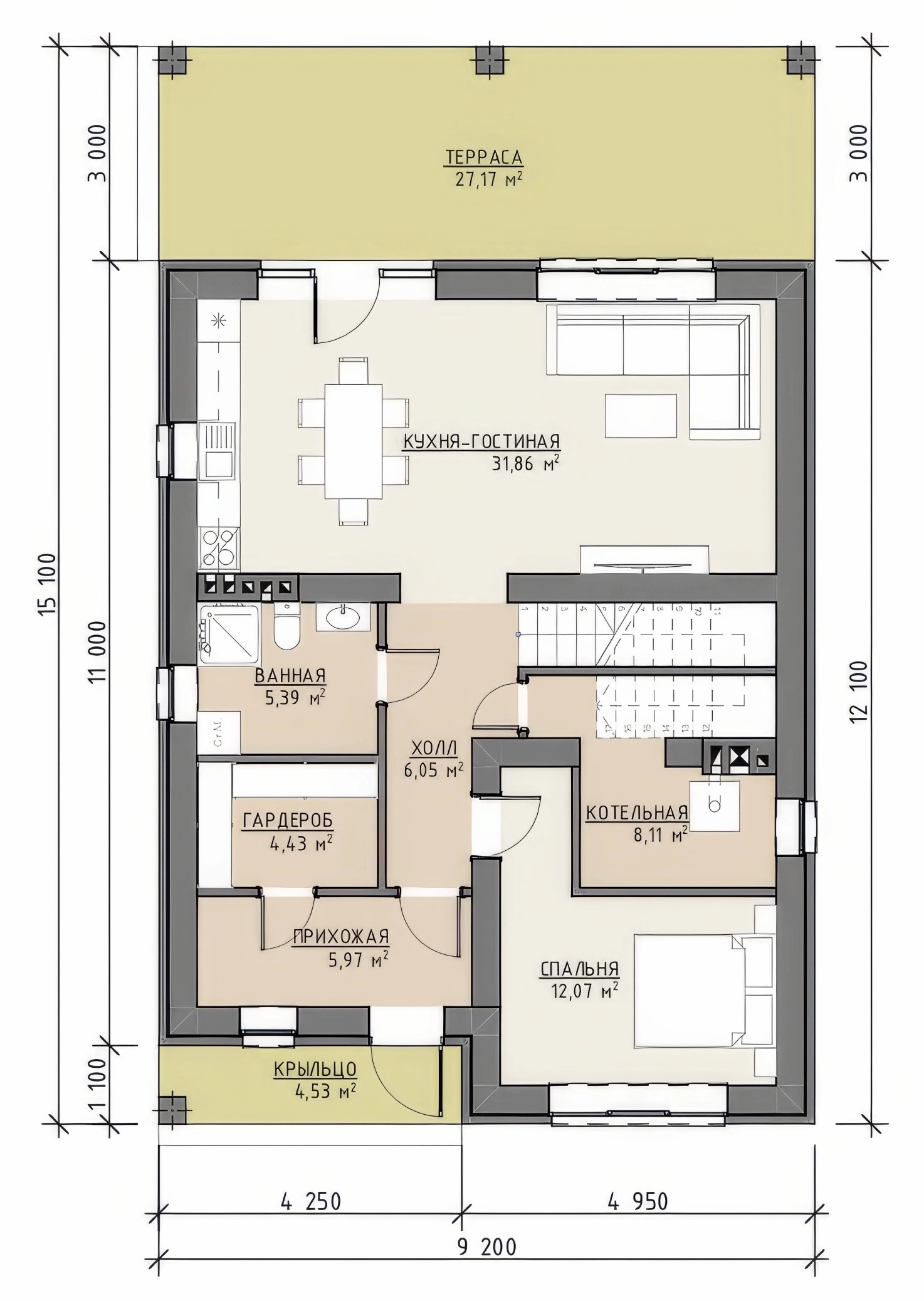 Планировка первого этажа двухэтажного дома 178 м² с кухней-гостиной, спальней, гардеробом и террасой
