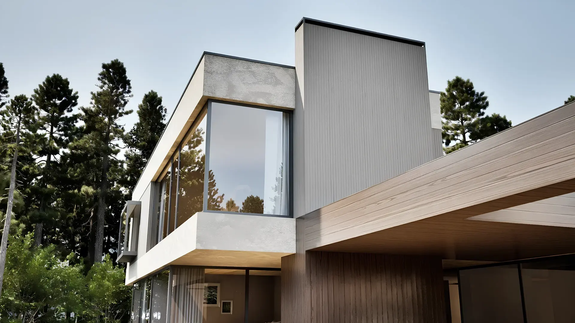 Верхний ракурс современного дома с плоской кровлей, террасой и белым фасадом
