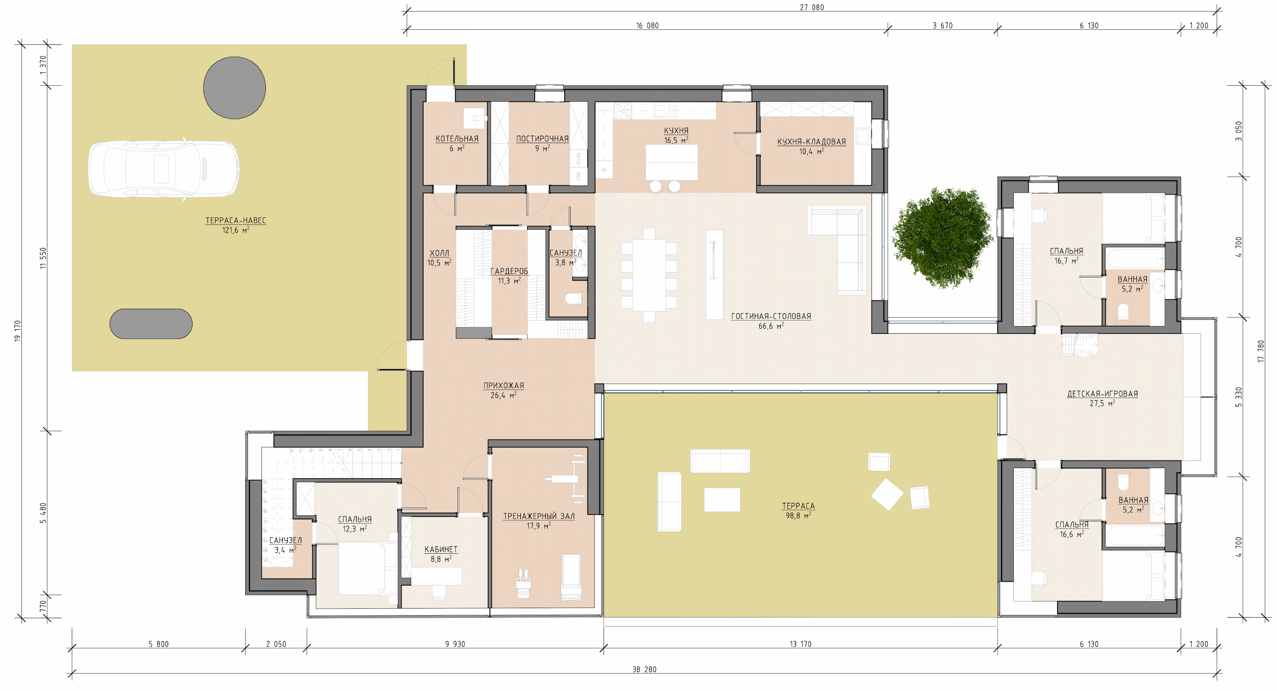 Планировка первого этажа двухэтажного дома 593 м² с кухней-столовой, тренажерным залом, сауной, кабинетом, спальней и террасой