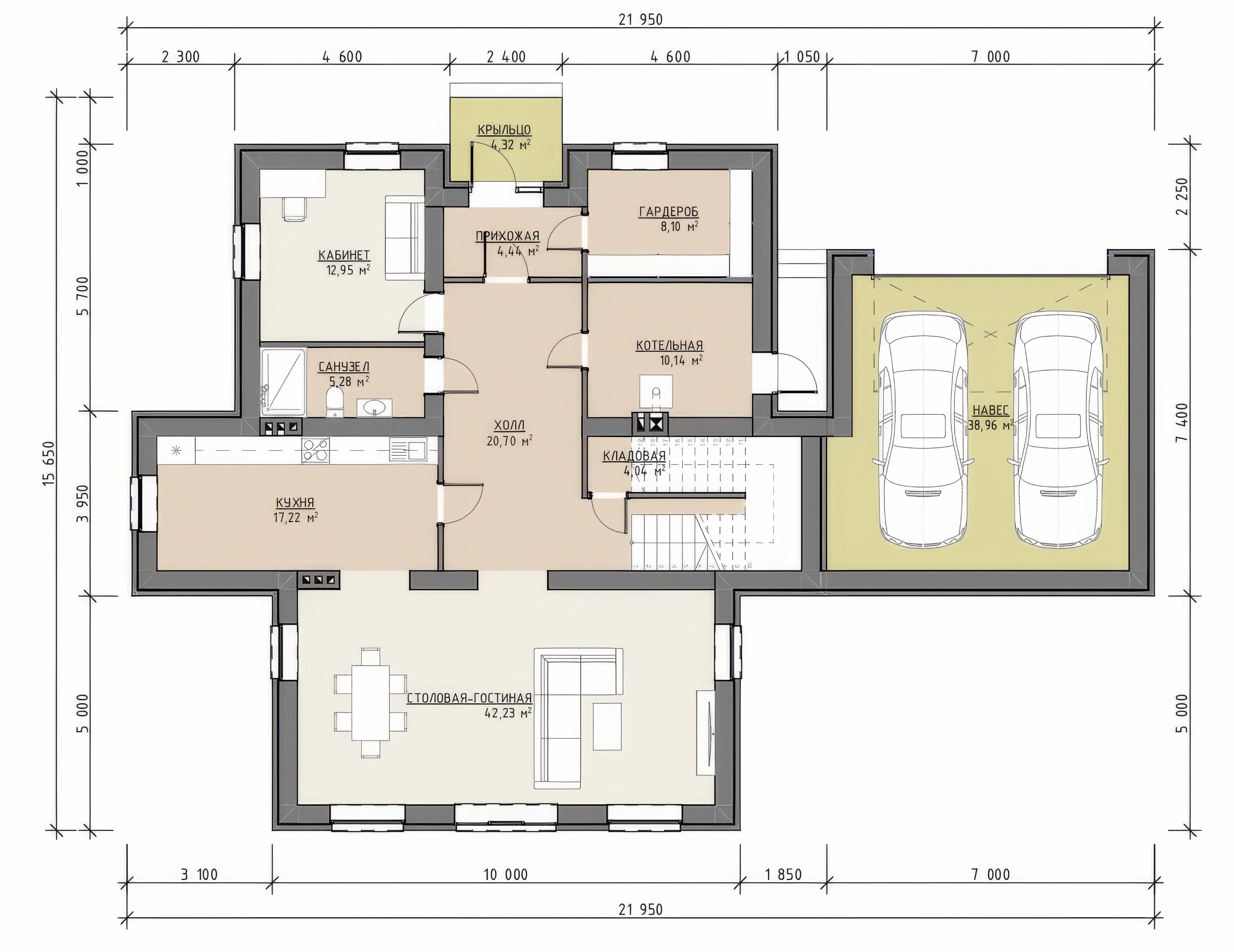 Планировка первого этажа двухэтажного дома 286 м² со столовой-гостиной, кухней, кабинетом, навесом и кладовой