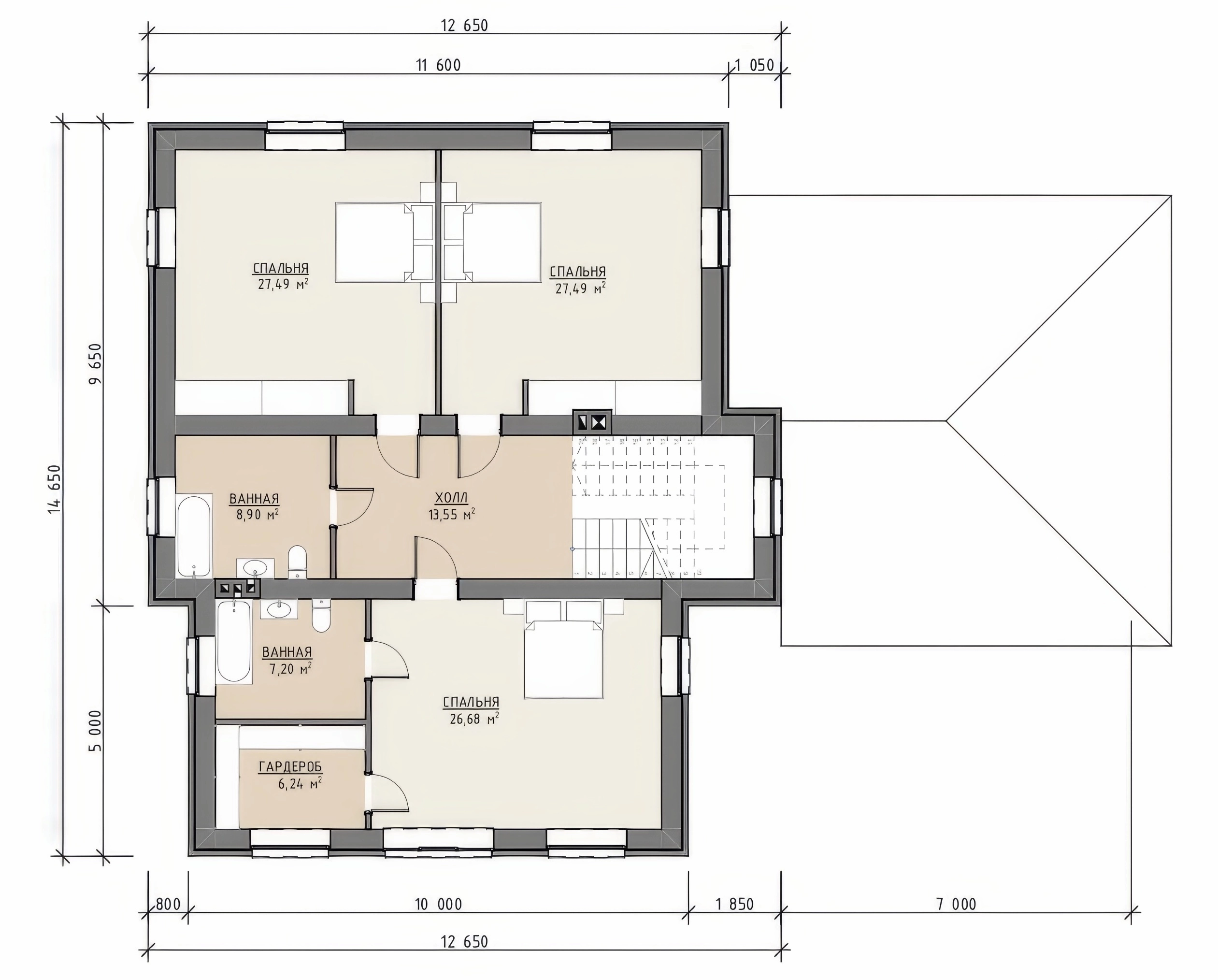 Планировка второго этажа двухэтажного дома 286 м² с тремя спальнями, двумя ванными и гардеробом