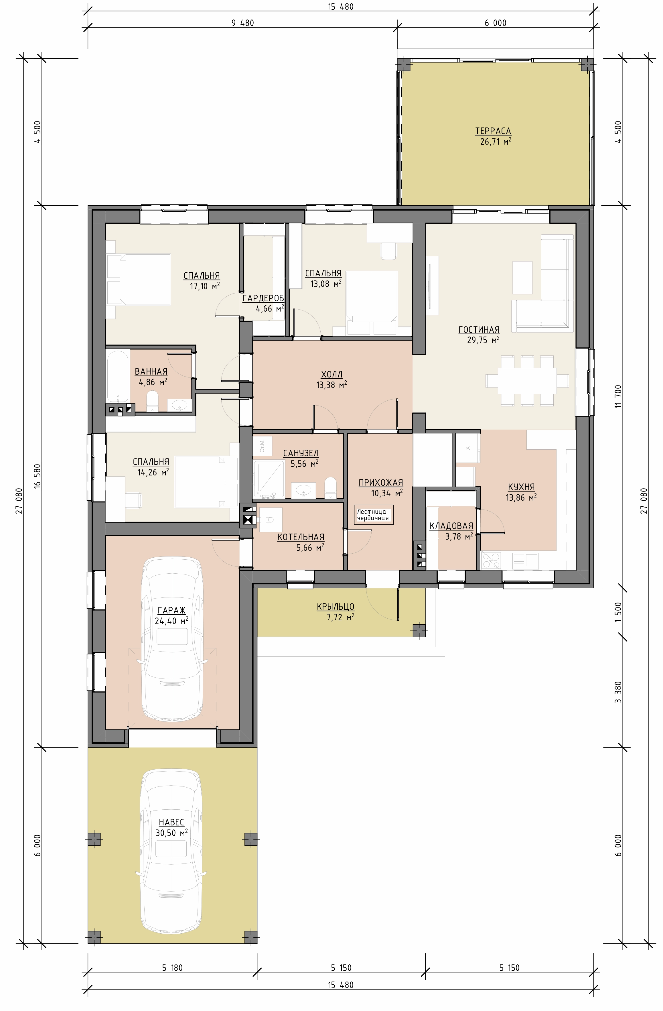 Планировка одноэтажного дома 225 м² с гостиной, кухней, тремя спальнями, гаражом, навесом и террасой