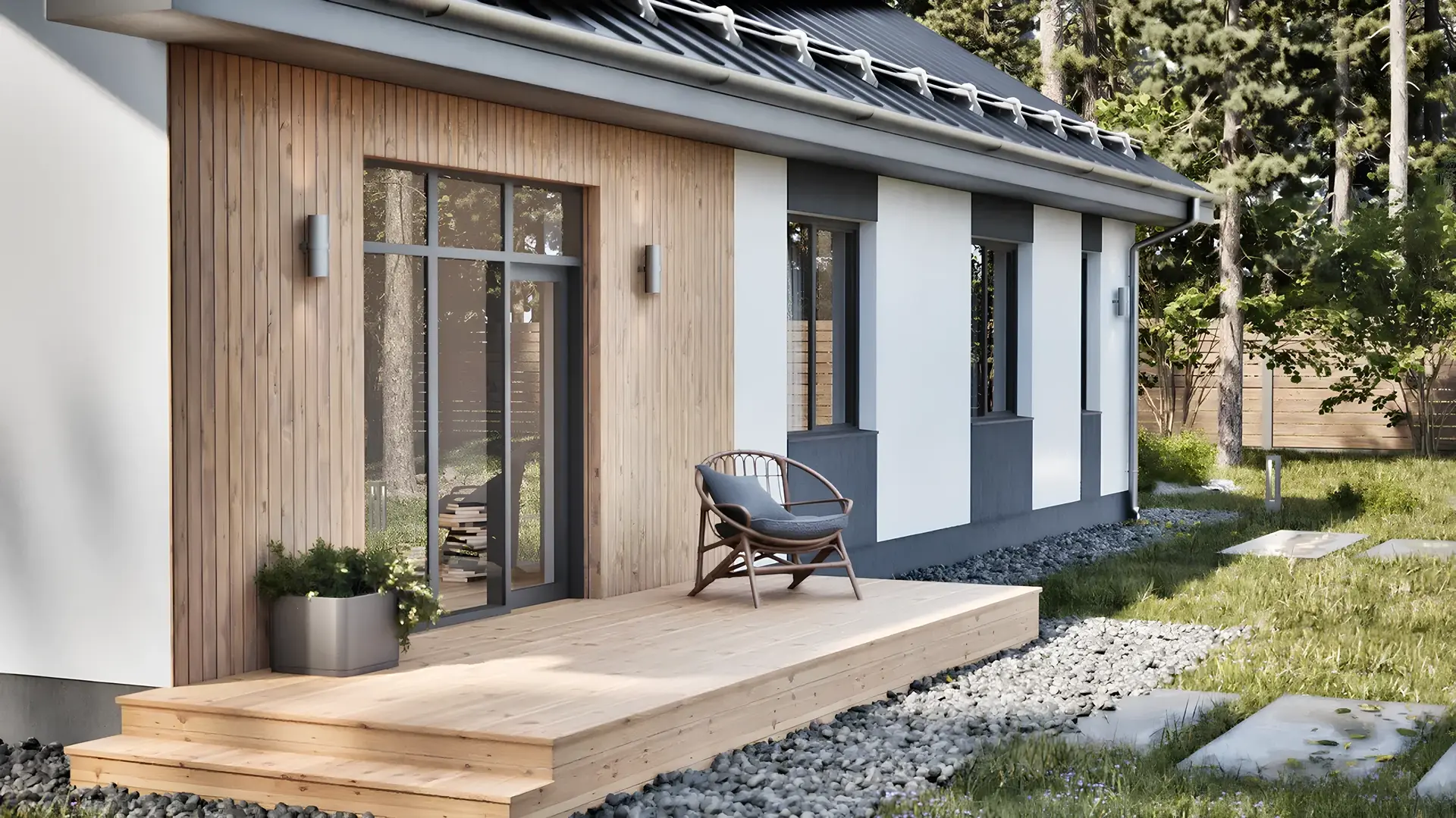 Фасад дома с деревянным крыльцом, белыми стенами и темными оконными вставками