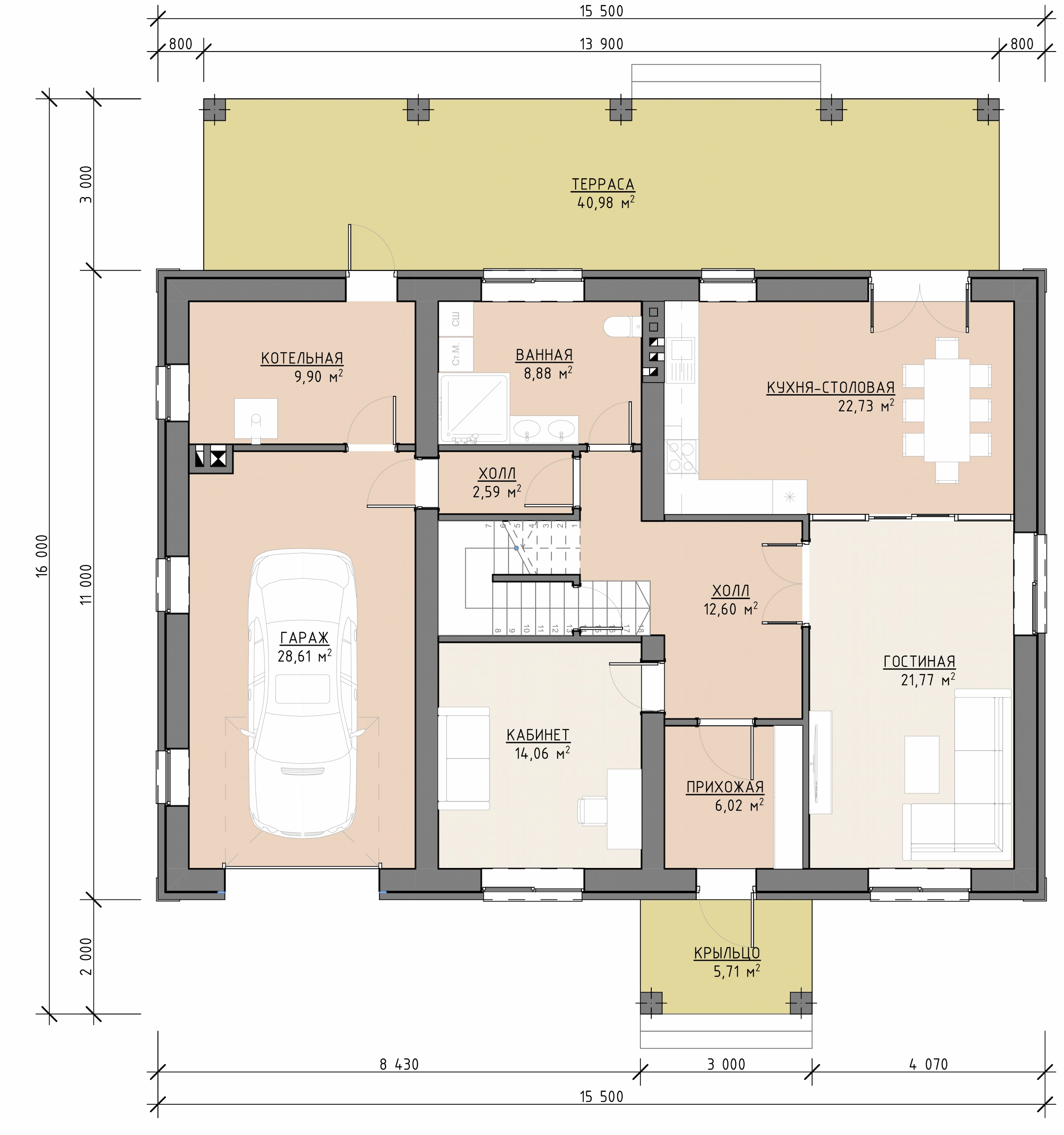 Планировка первого этажа двухэтажного дома 281 м² с гостиной, кухней-столовой, кабинетом, гаражом и террасой