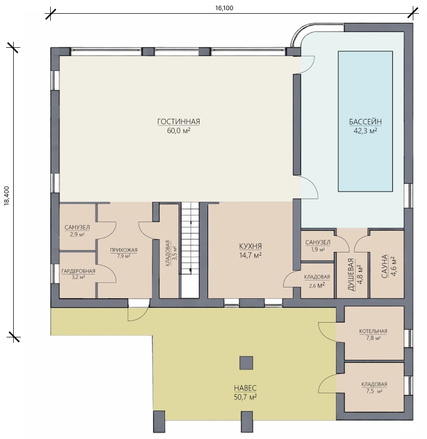 Планировка первого этажа трехэтажного дома 773 м² с гостиной, кухней, бассейном, сауной, навесом и кладовой